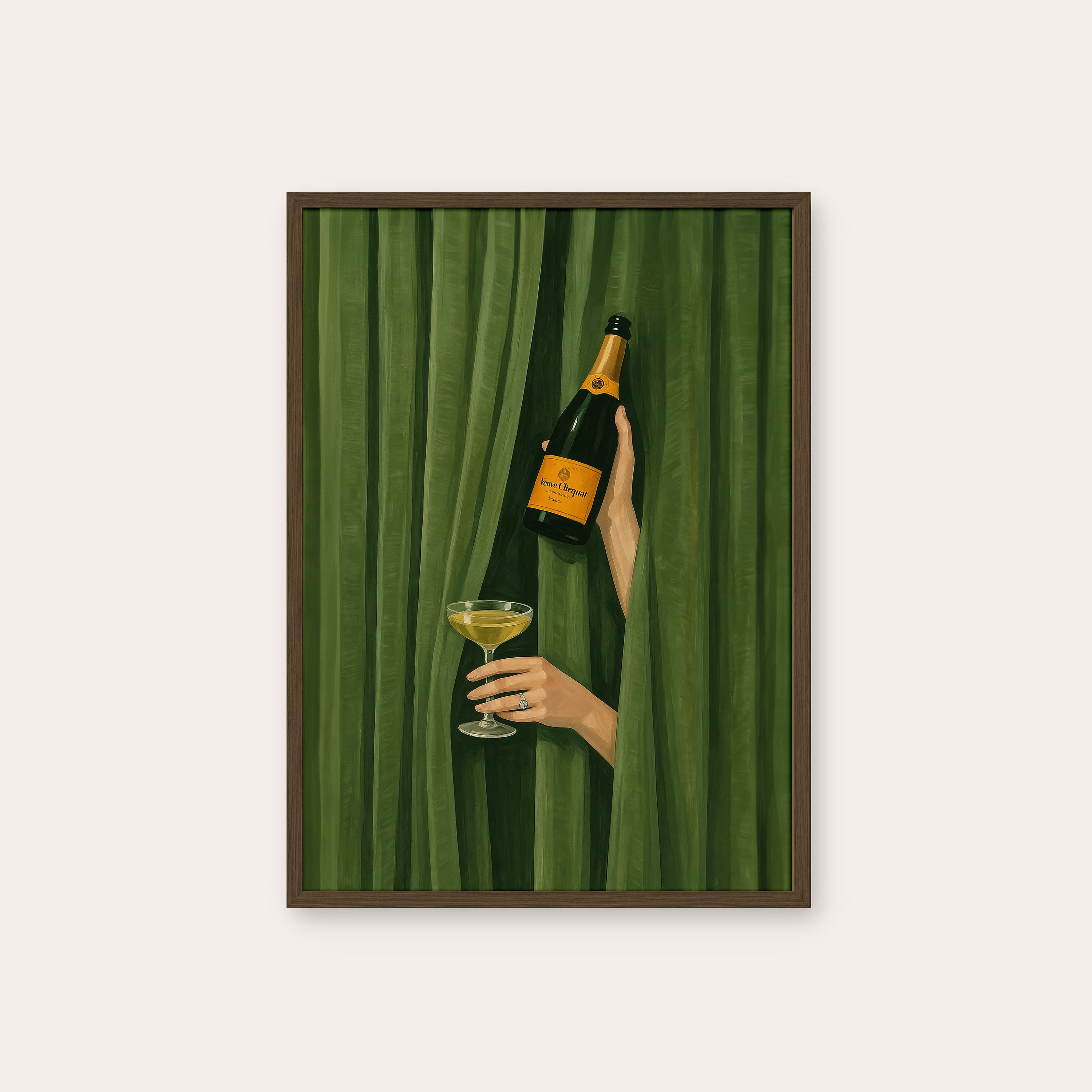 Behind the Curtain — Champagne Print – dark wood frame