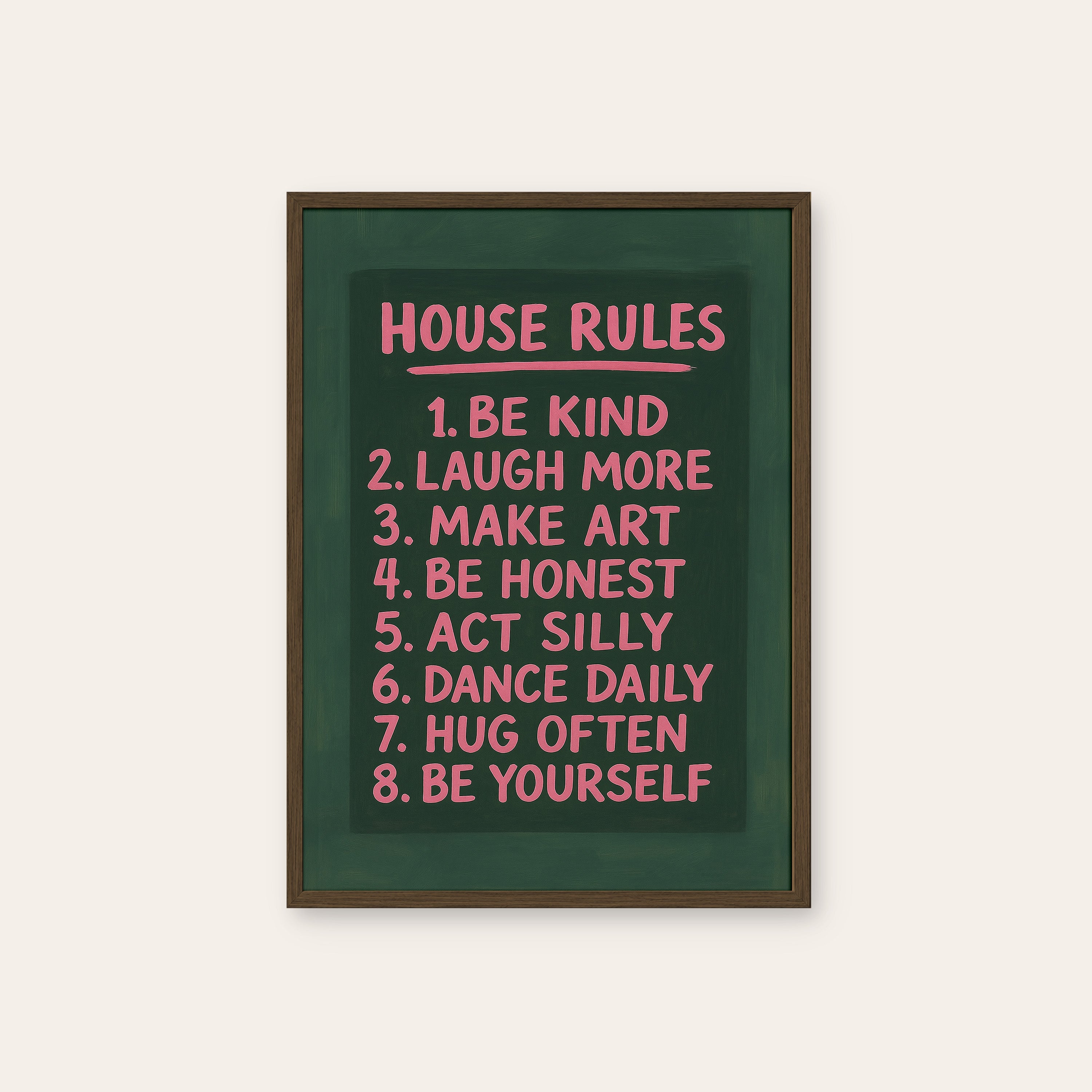 House Rules — Chalkboard Print – dark wood frame