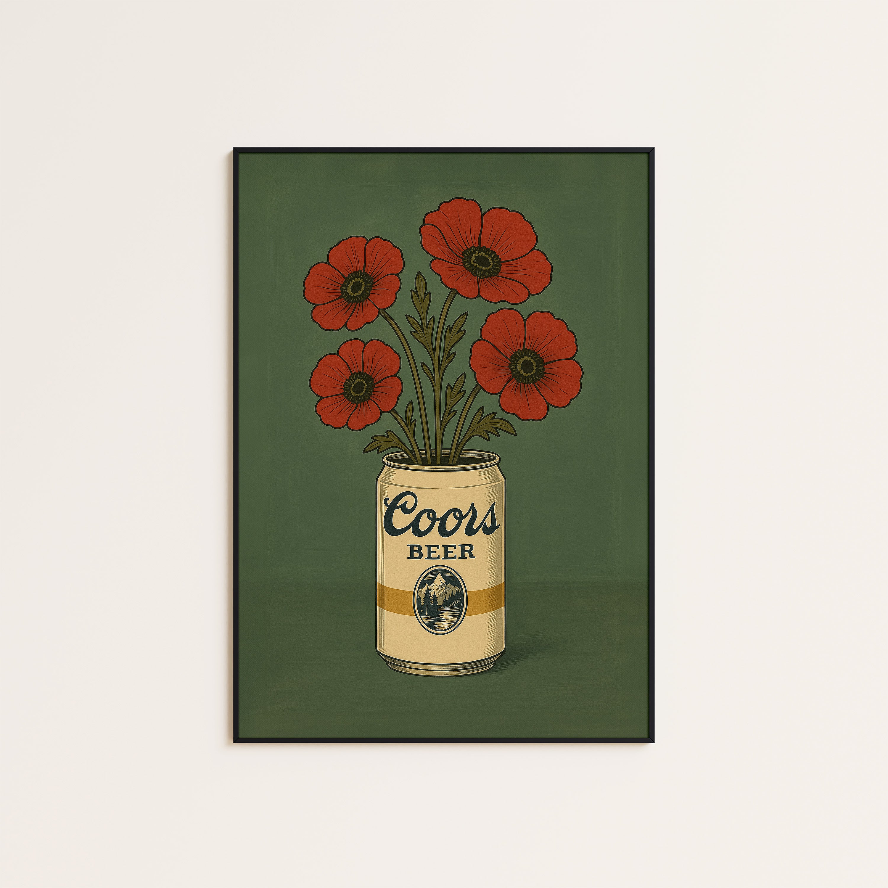 Poppies in a Tin — Beer Can Bouquet Print – unframed poster