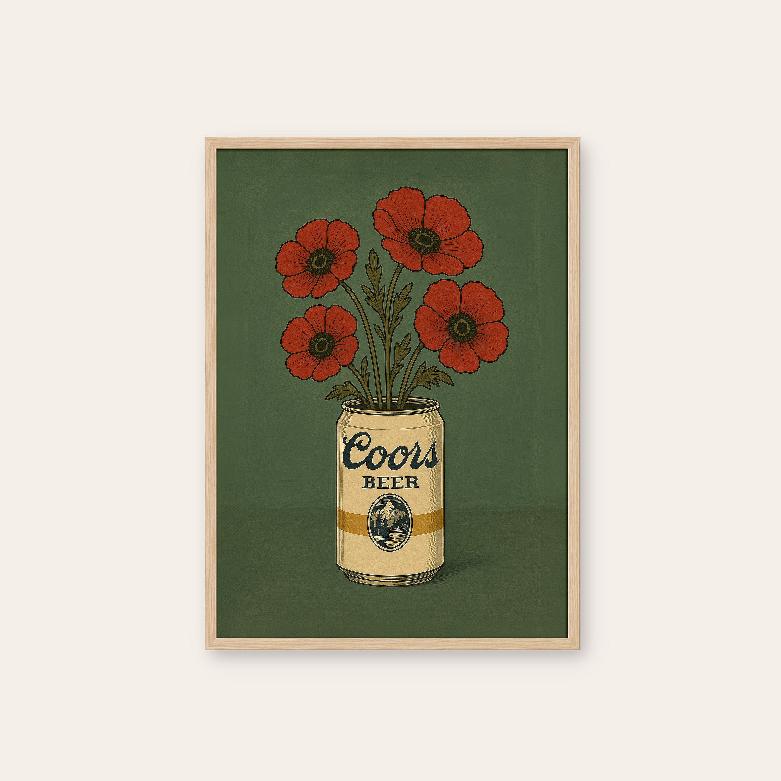 Poppies in a Tin — Beer Can Bouquet Print – natural wood frame