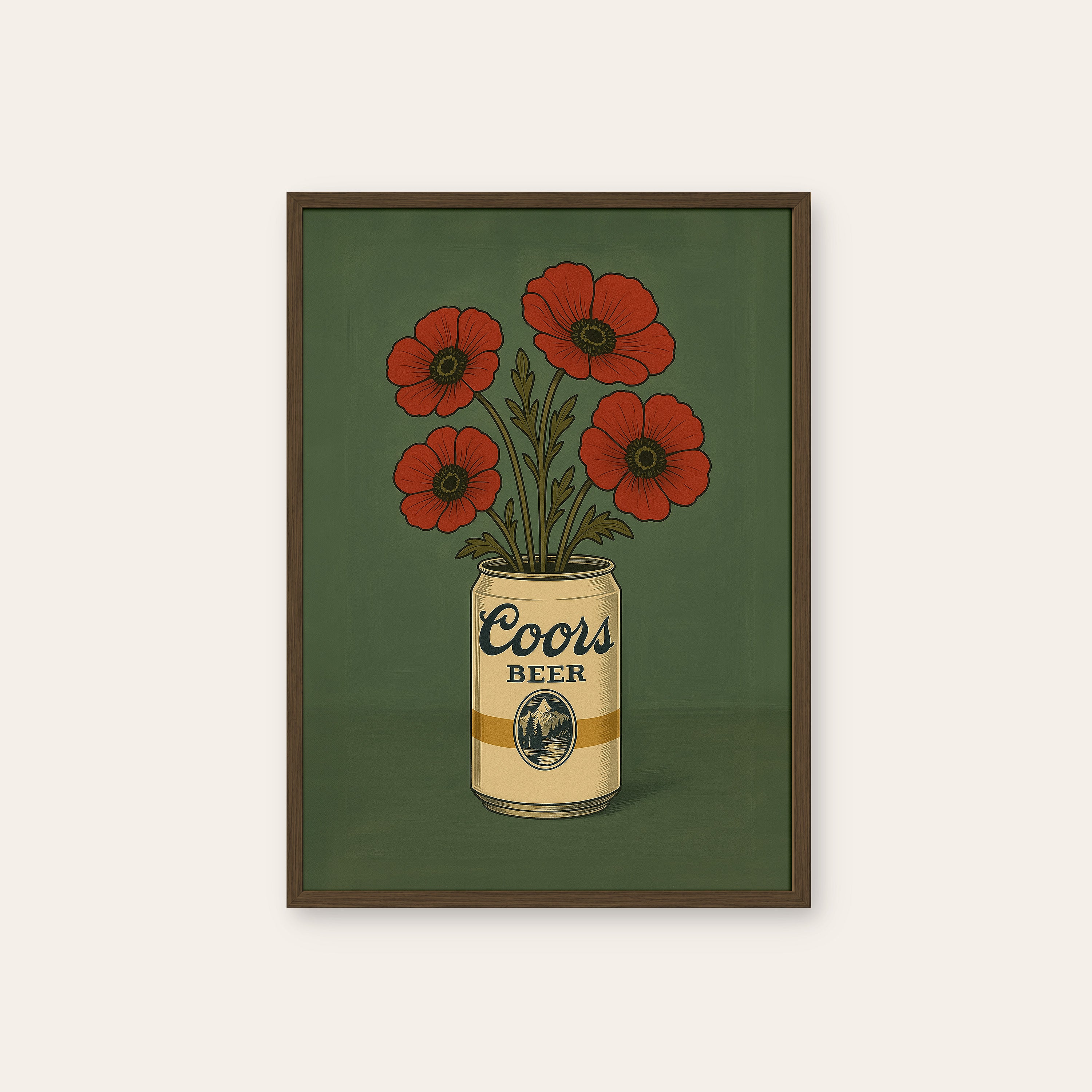 Poppies in a Tin — Beer Can Bouquet Print – dark wood frame