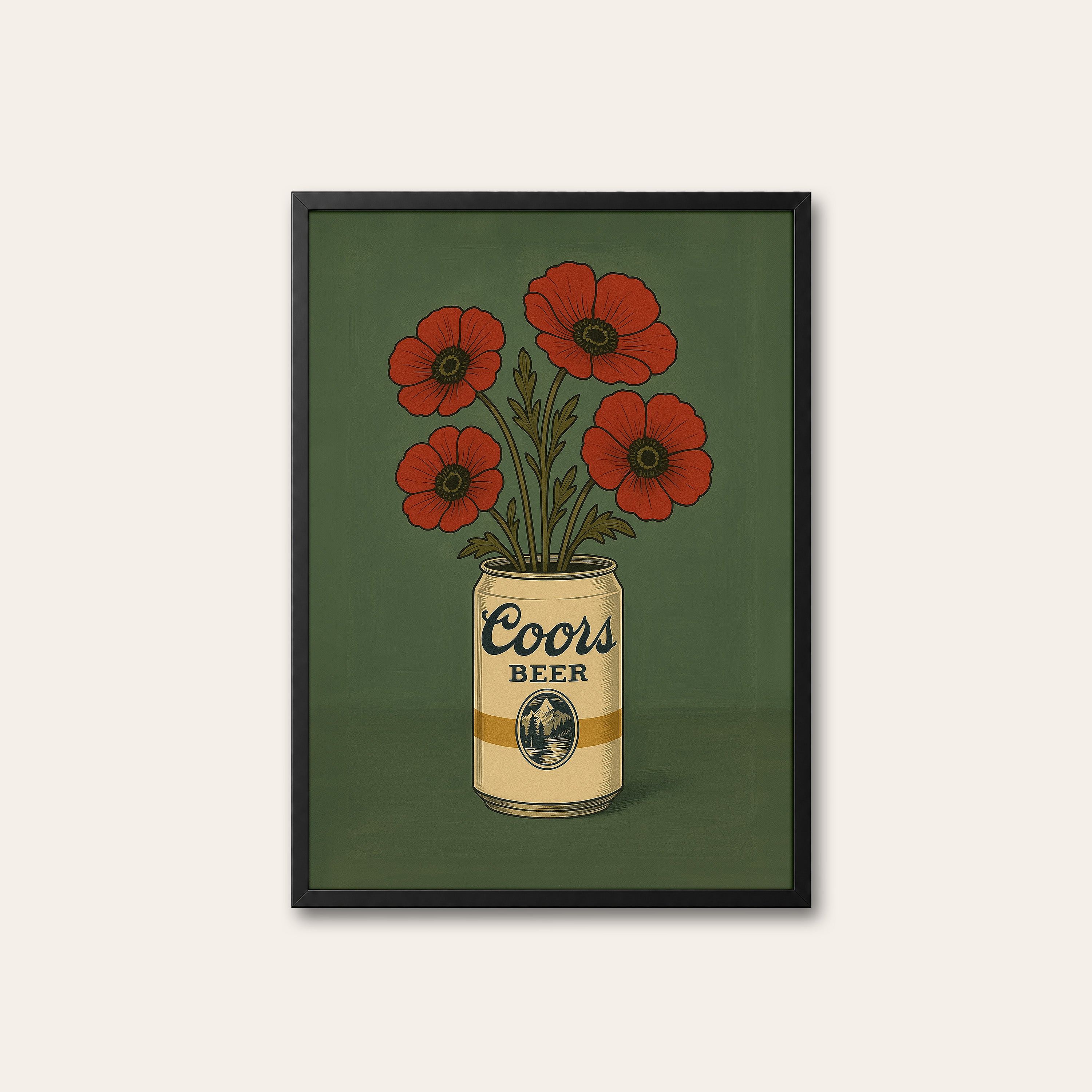 Poppies in a Tin — Beer Can Bouquet Print – black frame