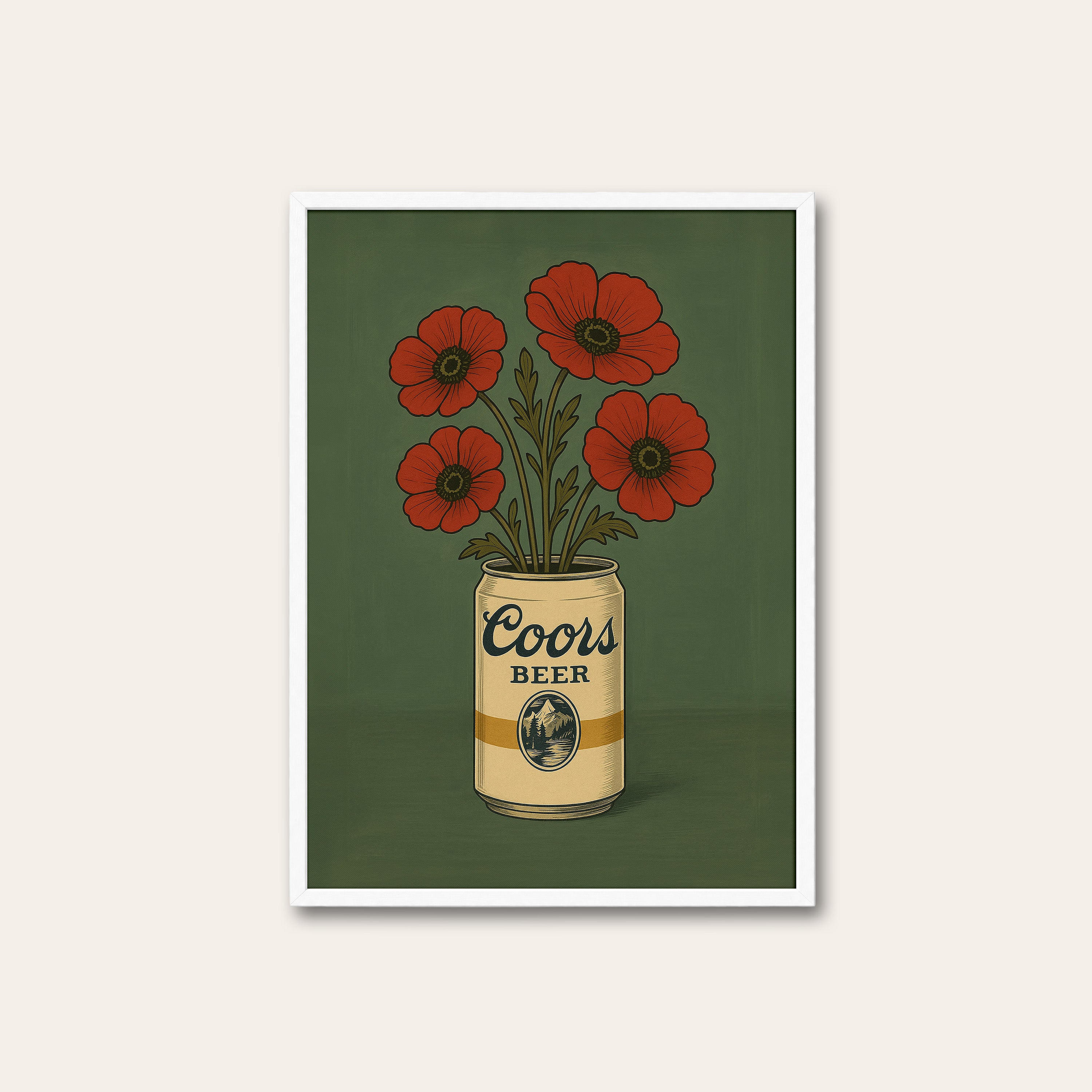 Poppies in a Tin — Beer Can Bouquet Print – white frame