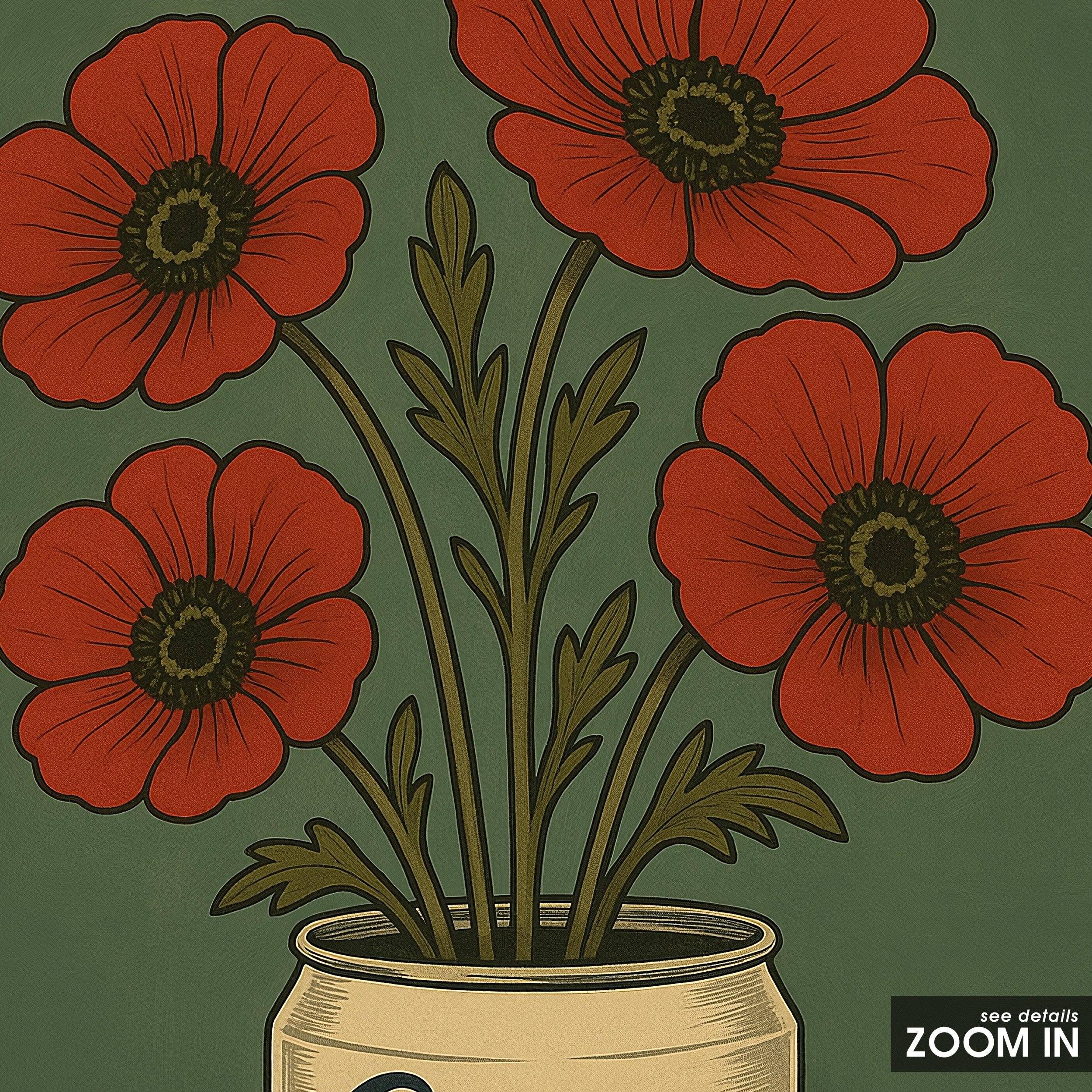 Poppies in a Tin — Beer Can Bouquet Print – in room setting