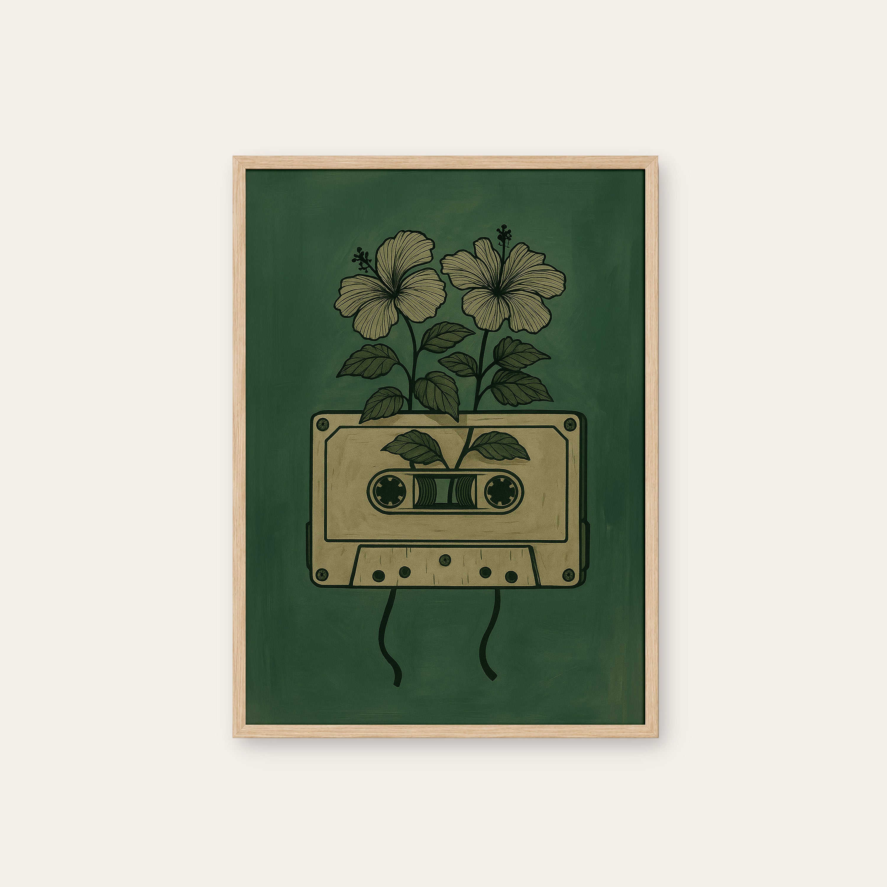 Cassette Bloom — Mixtape Flower Print – natural wood frame