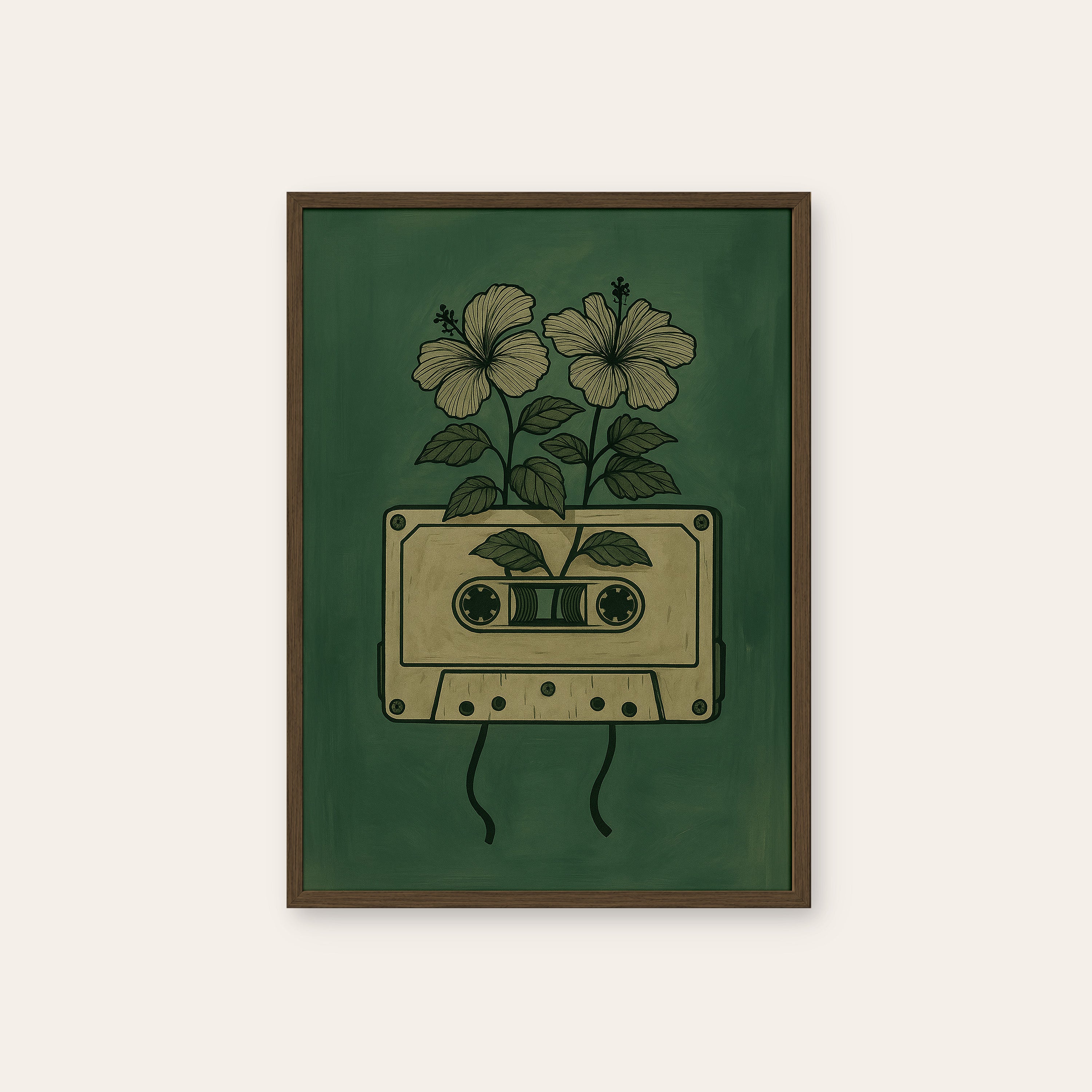 Cassette Bloom — Mixtape Flower Print – dark wood frame