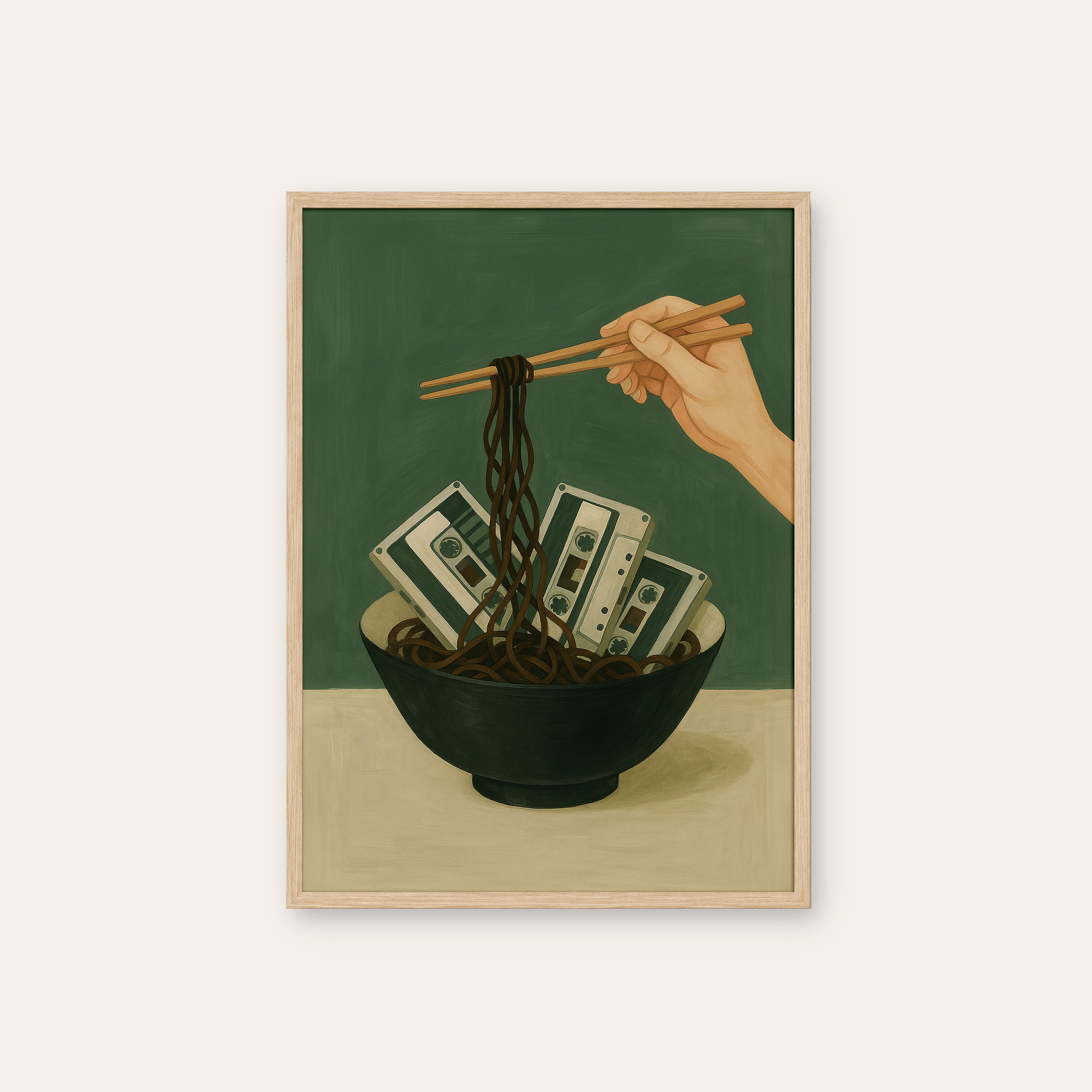 Tape Noodles — Surreal Ramen Print – natural wood frame