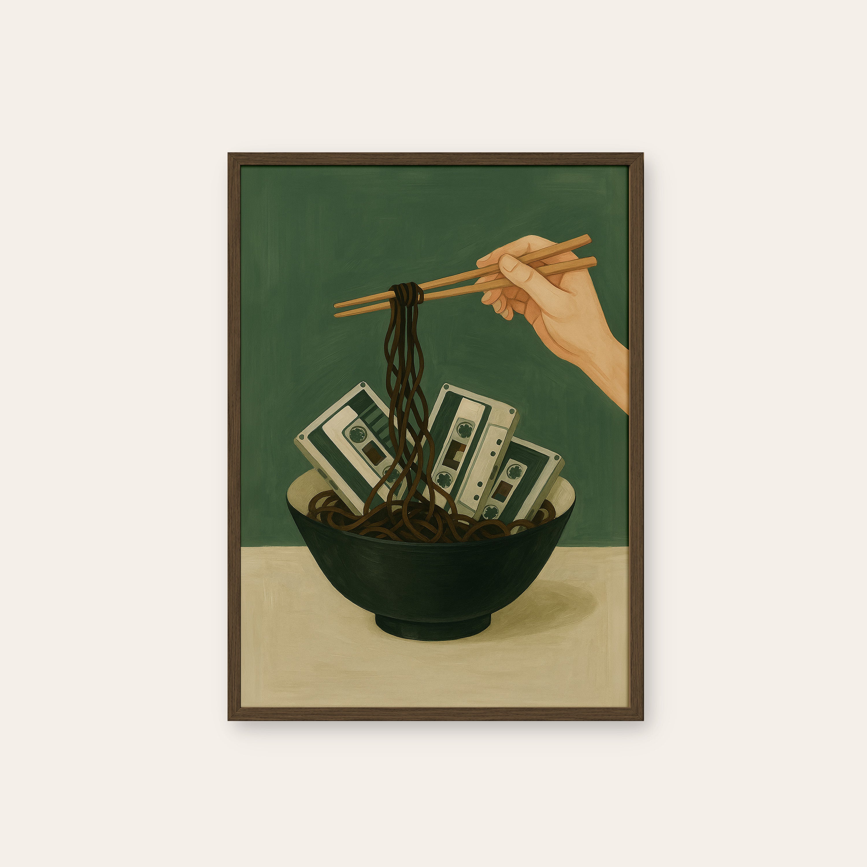Tape Noodles — Surreal Ramen Print – dark wood frame