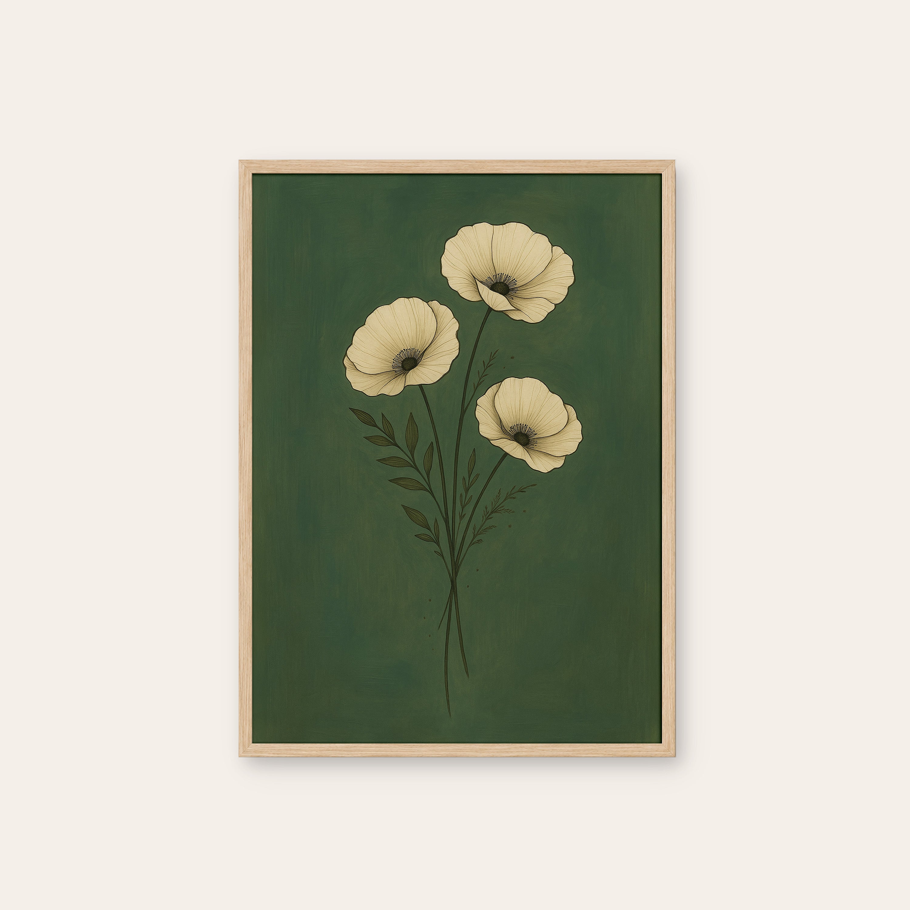 White Poppies — Night Garden Print – natural wood frame