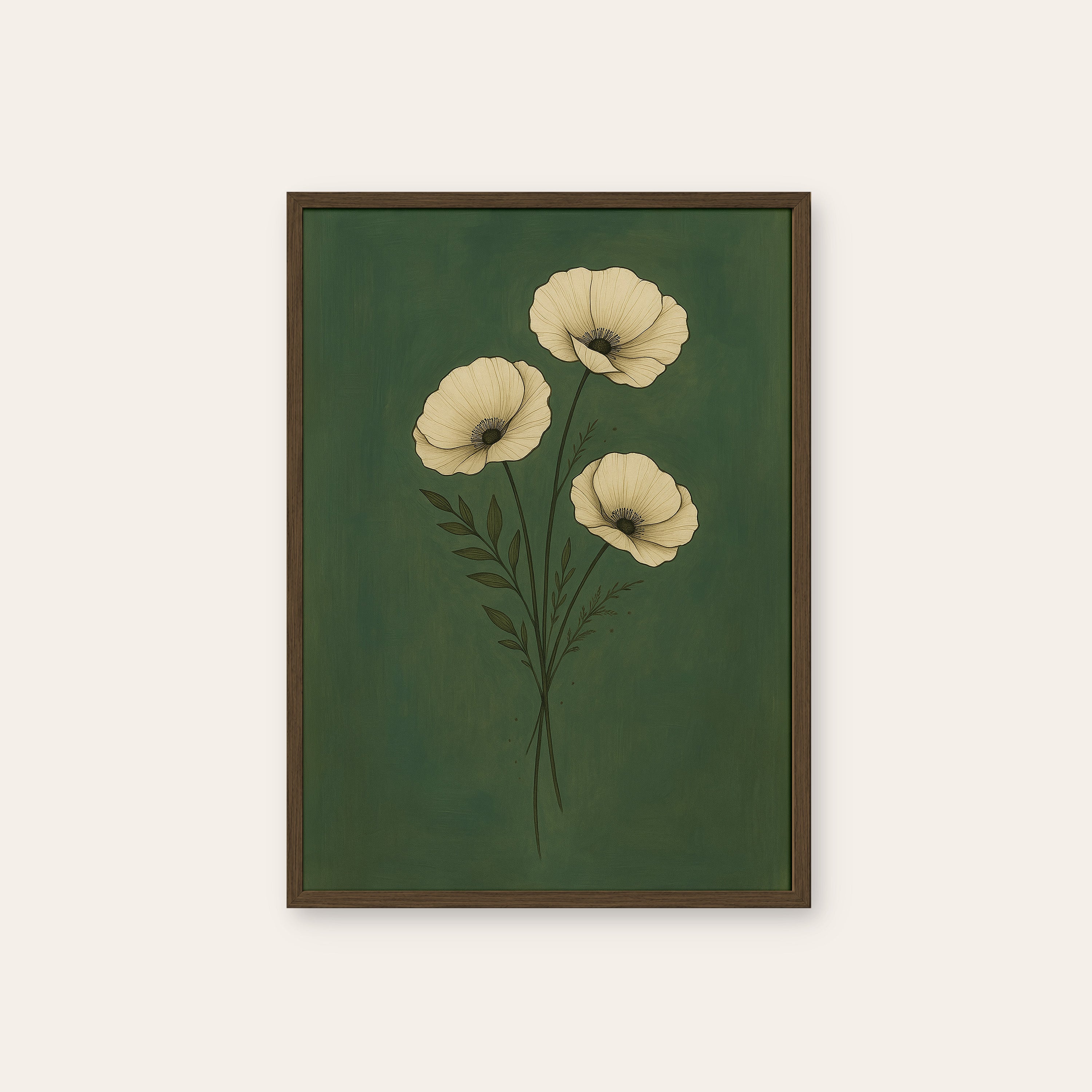 White Poppies — Night Garden Print – dark wood frame