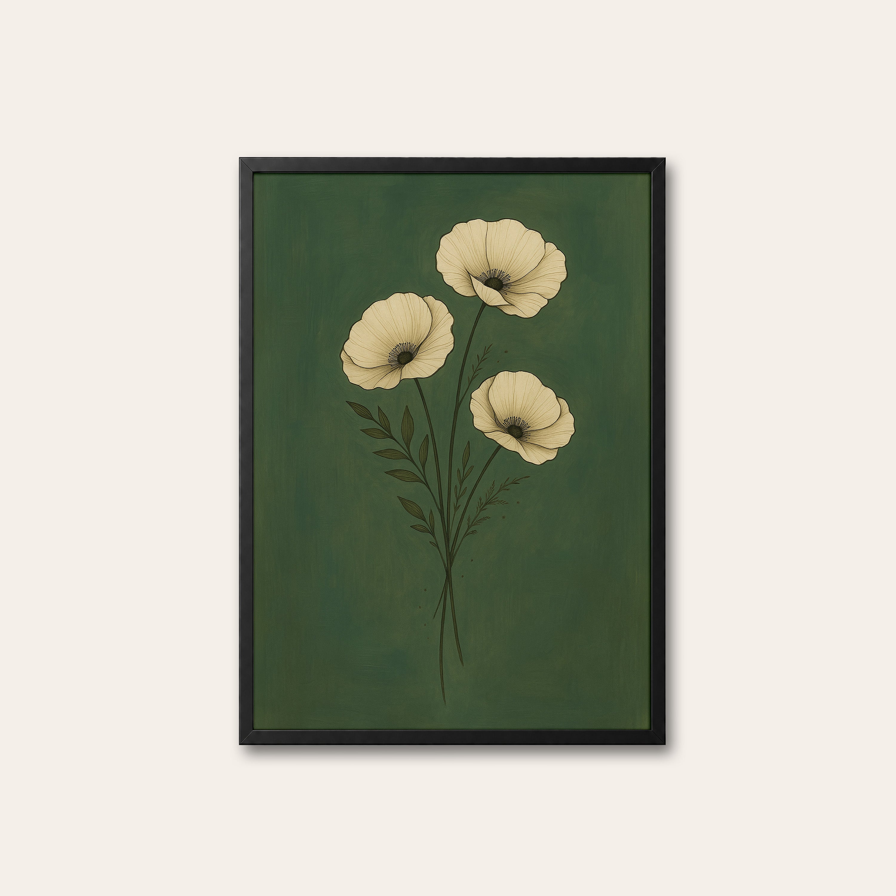 White Poppies — Night Garden Print – black frame