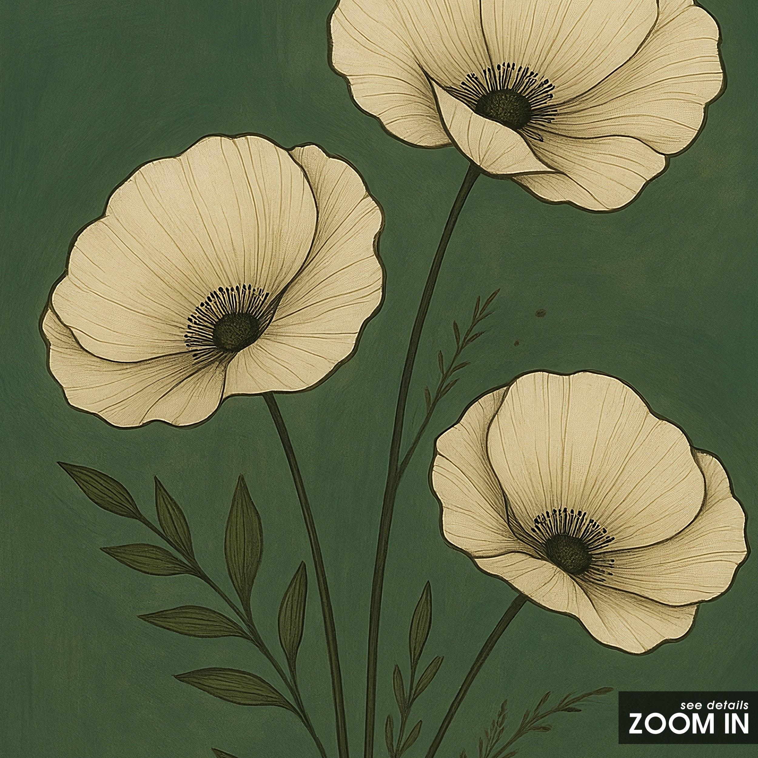 White Poppies — Night Garden Print – in room setting