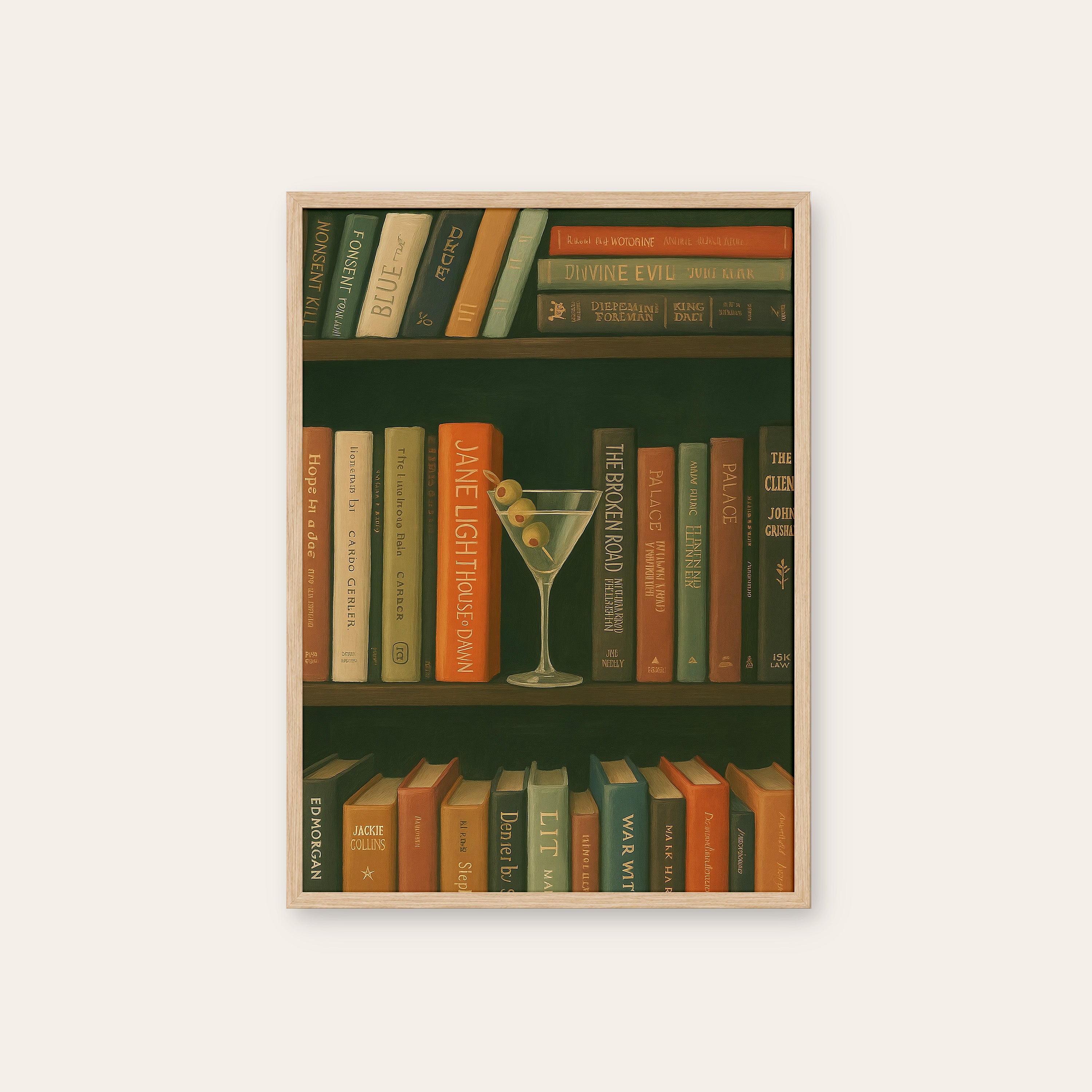 Shelf Life — Martini & Books Print – natural wood frame