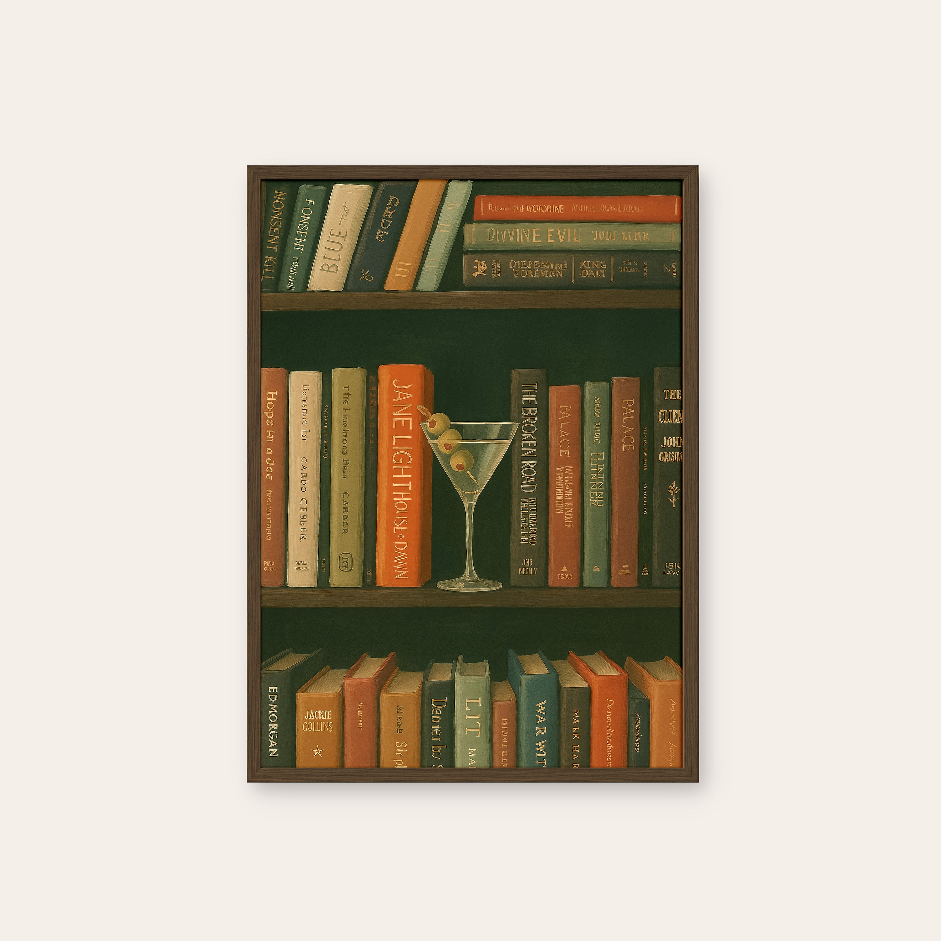 Shelf Life — Martini & Books Print – dark wood frame