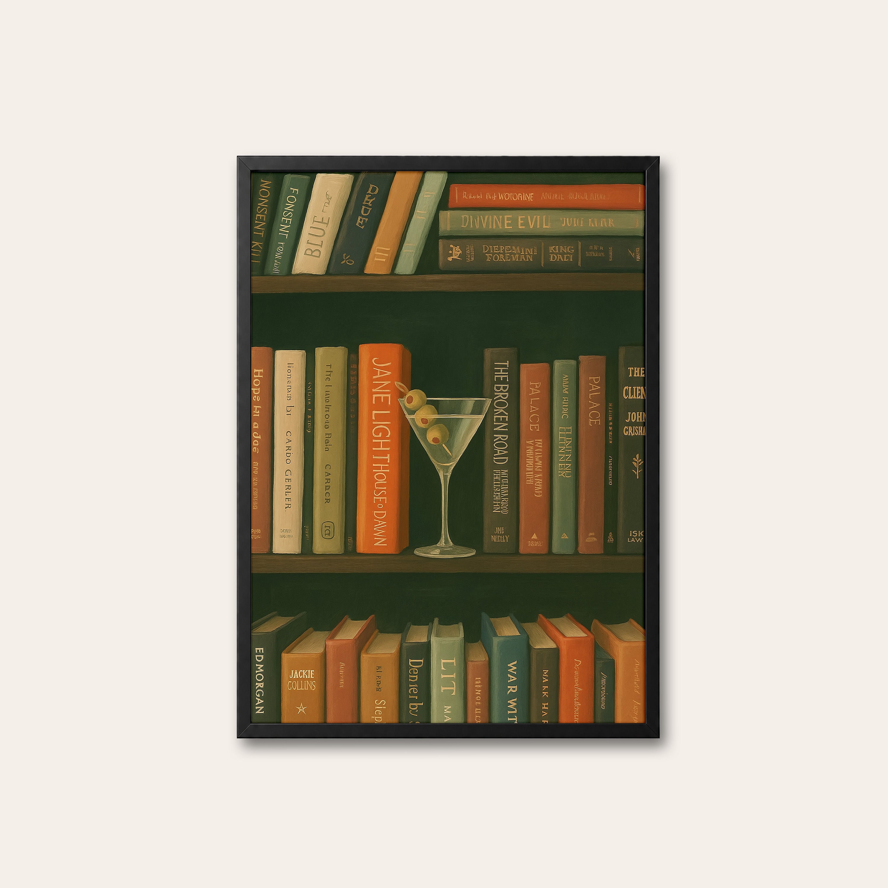 Shelf Life — Martini & Books Print – black frame