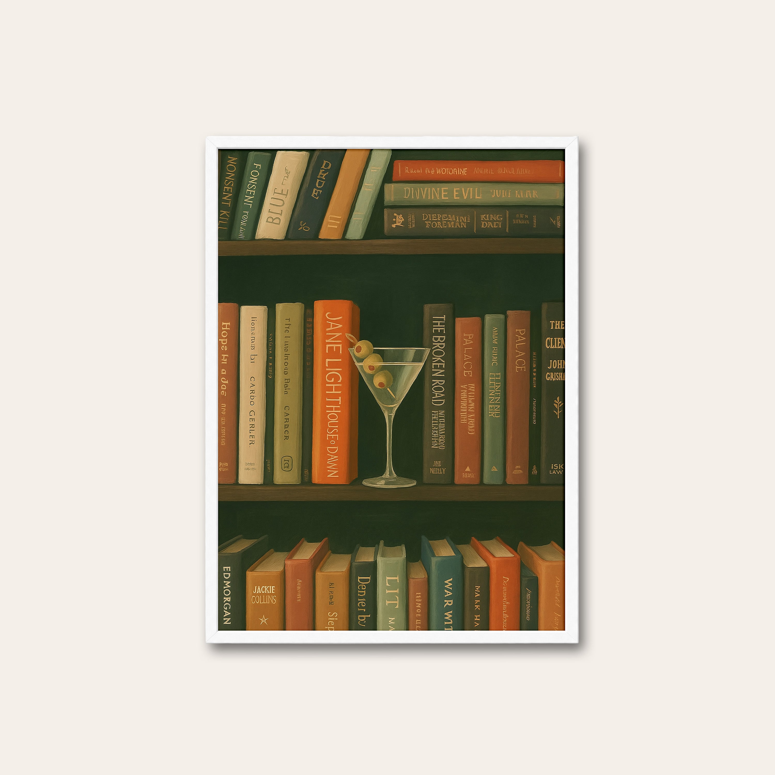 Shelf Life — Martini & Books Print – white frame