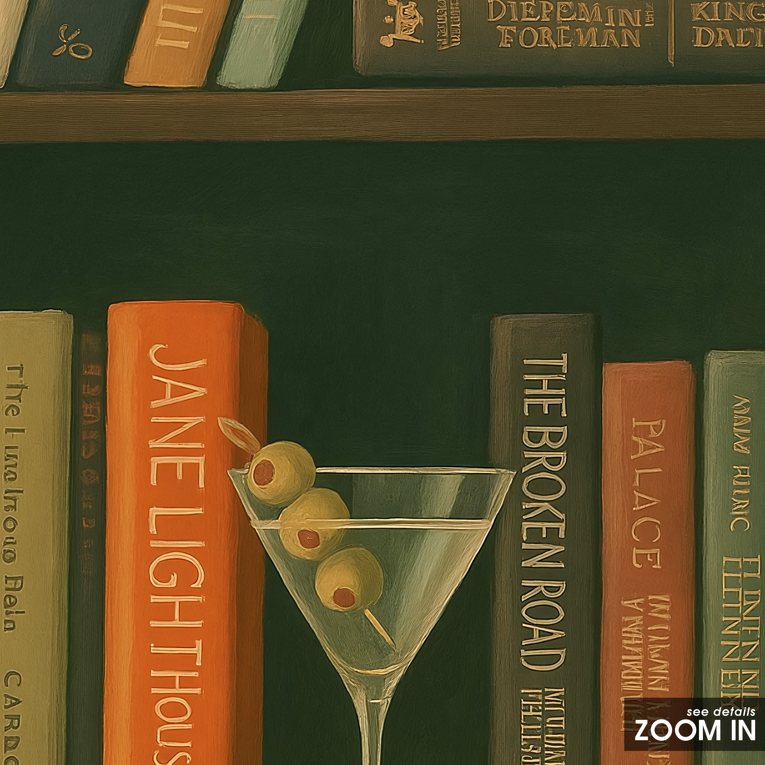 Shelf Life — Martini & Books Print – in room setting