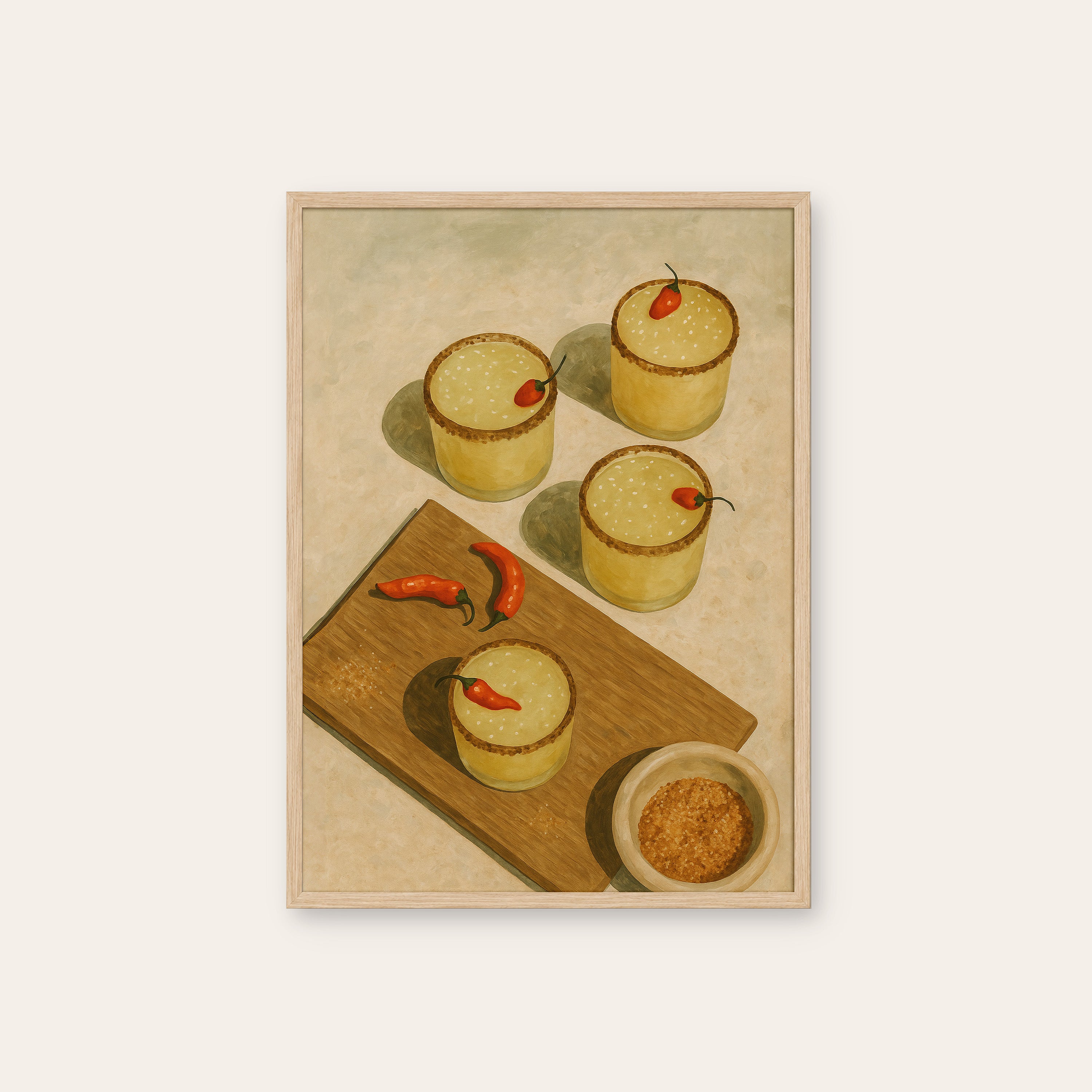 Golden Bites — Appetizer Still Life Print – natural wood frame