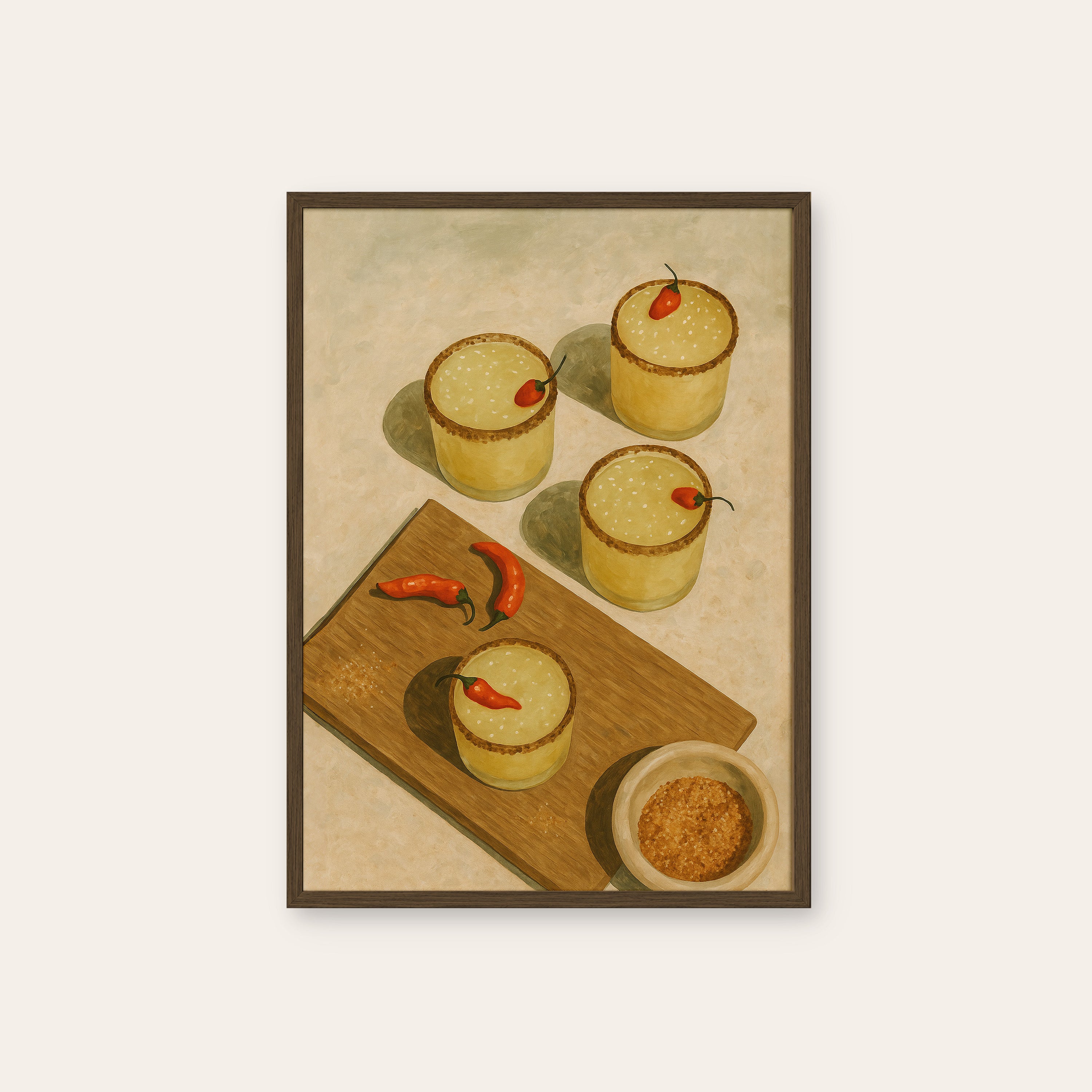 Golden Bites — Appetizer Still Life Print – dark wood frame