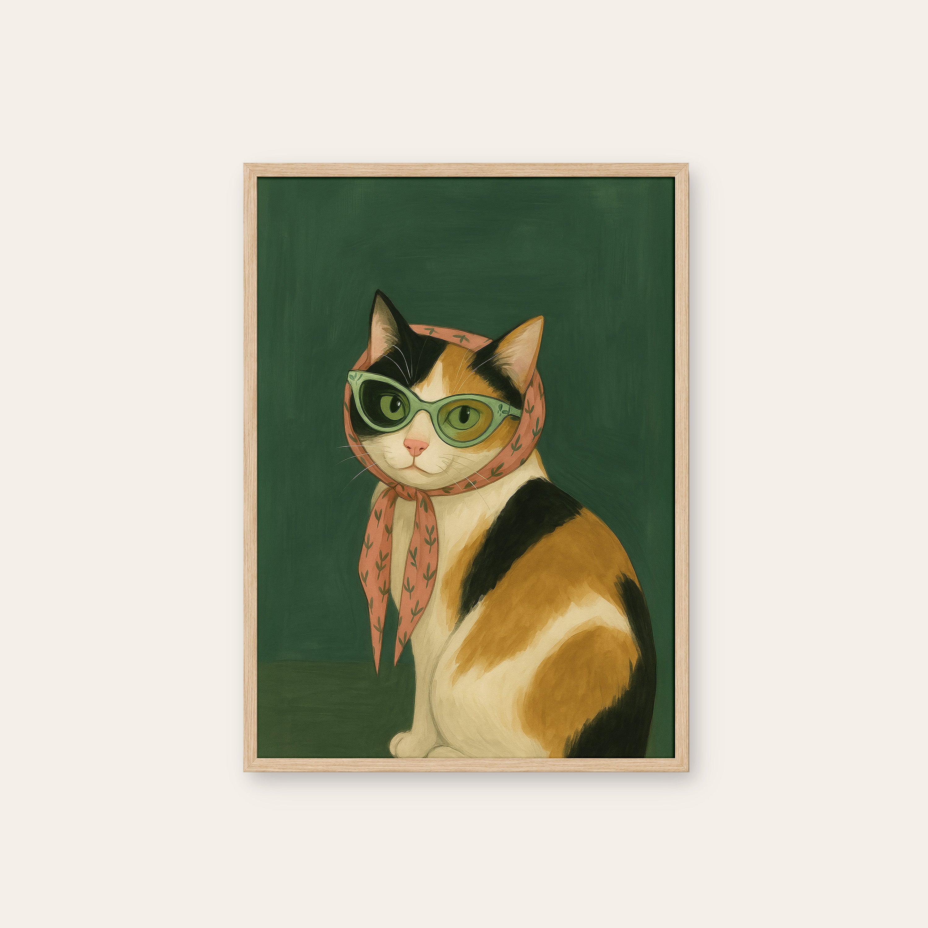 Miss Calico — Scarf & Glasses Print – natural wood frame