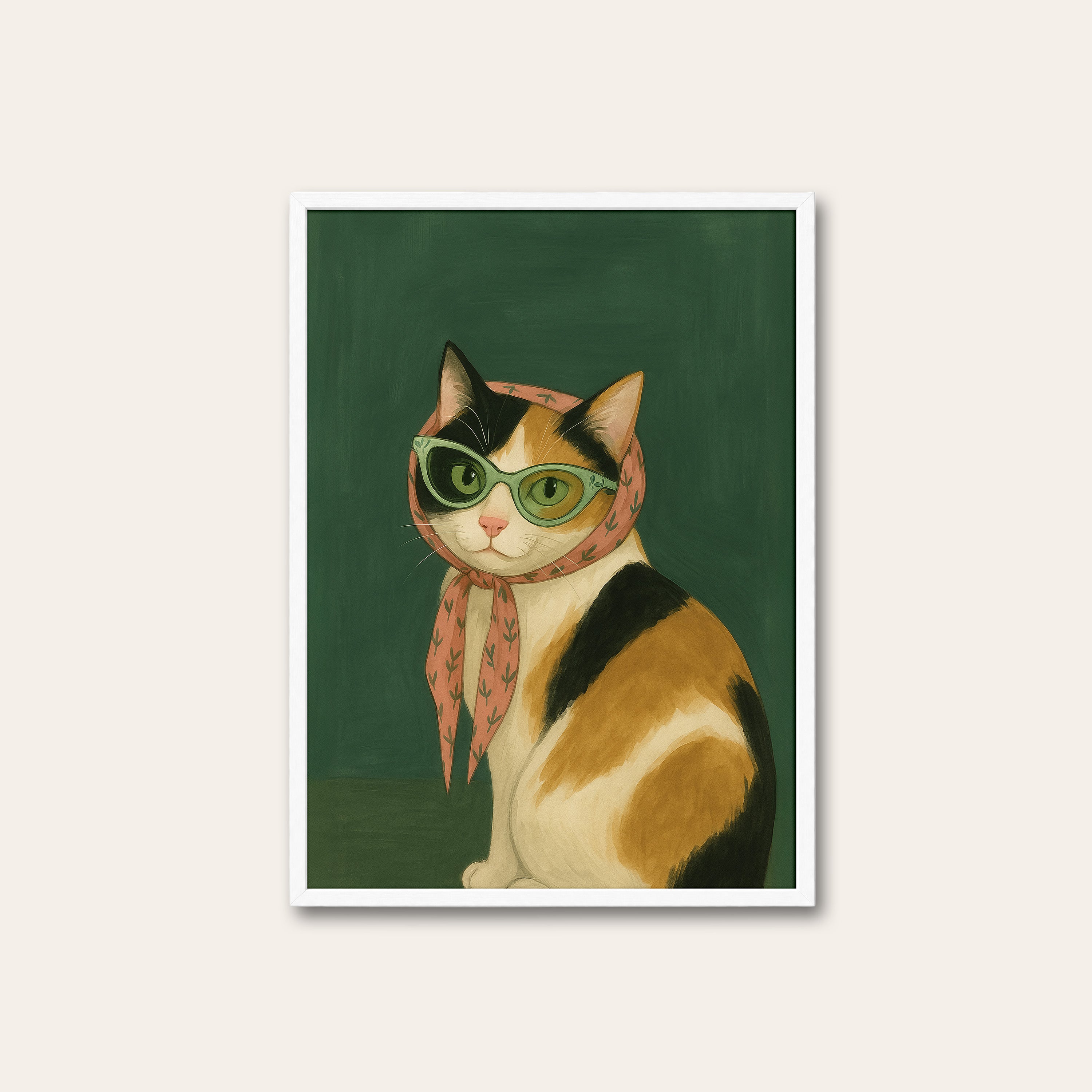 Miss Calico — Scarf & Glasses Print – white frame