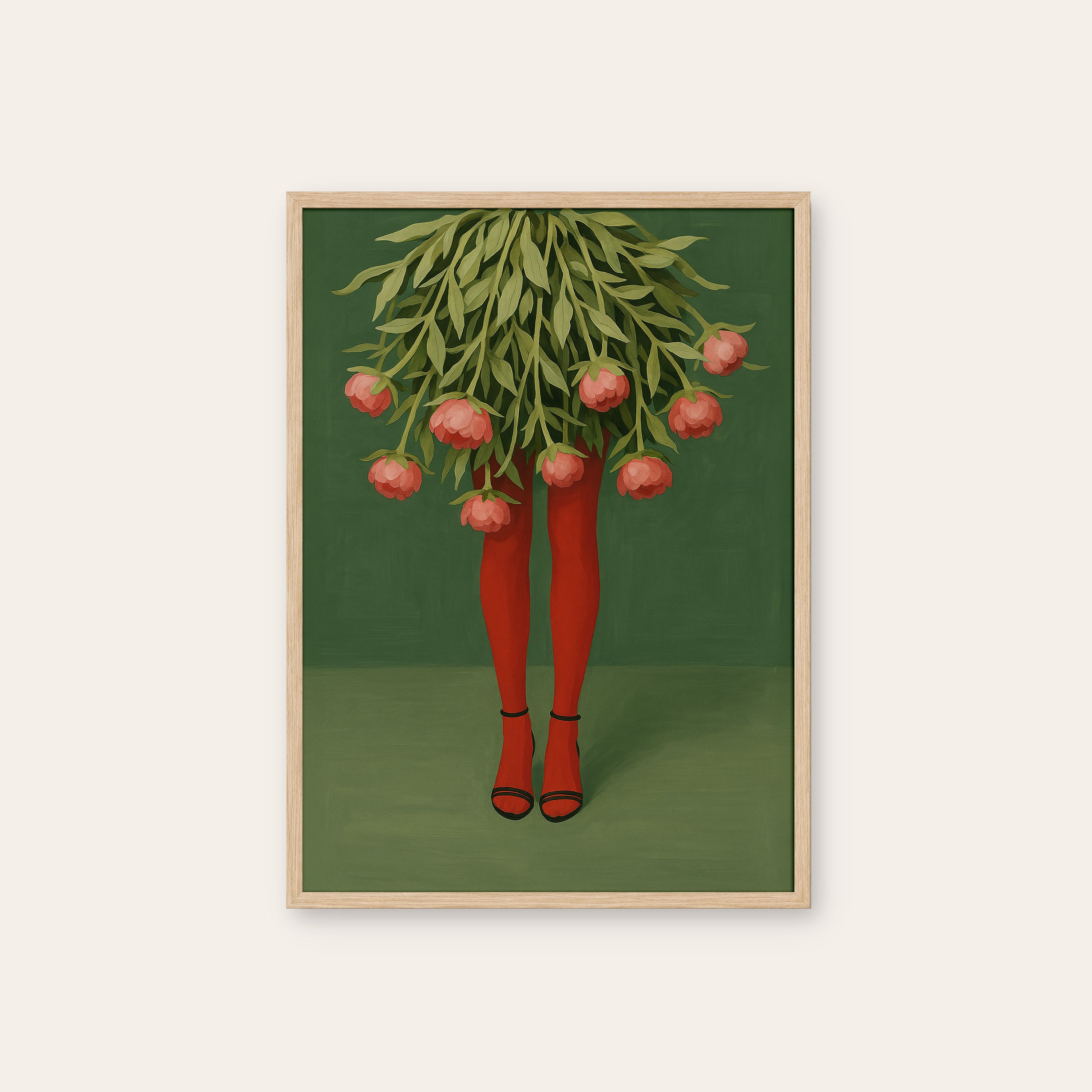 Peony Legs — Surreal Bouquet Print – natural wood frame