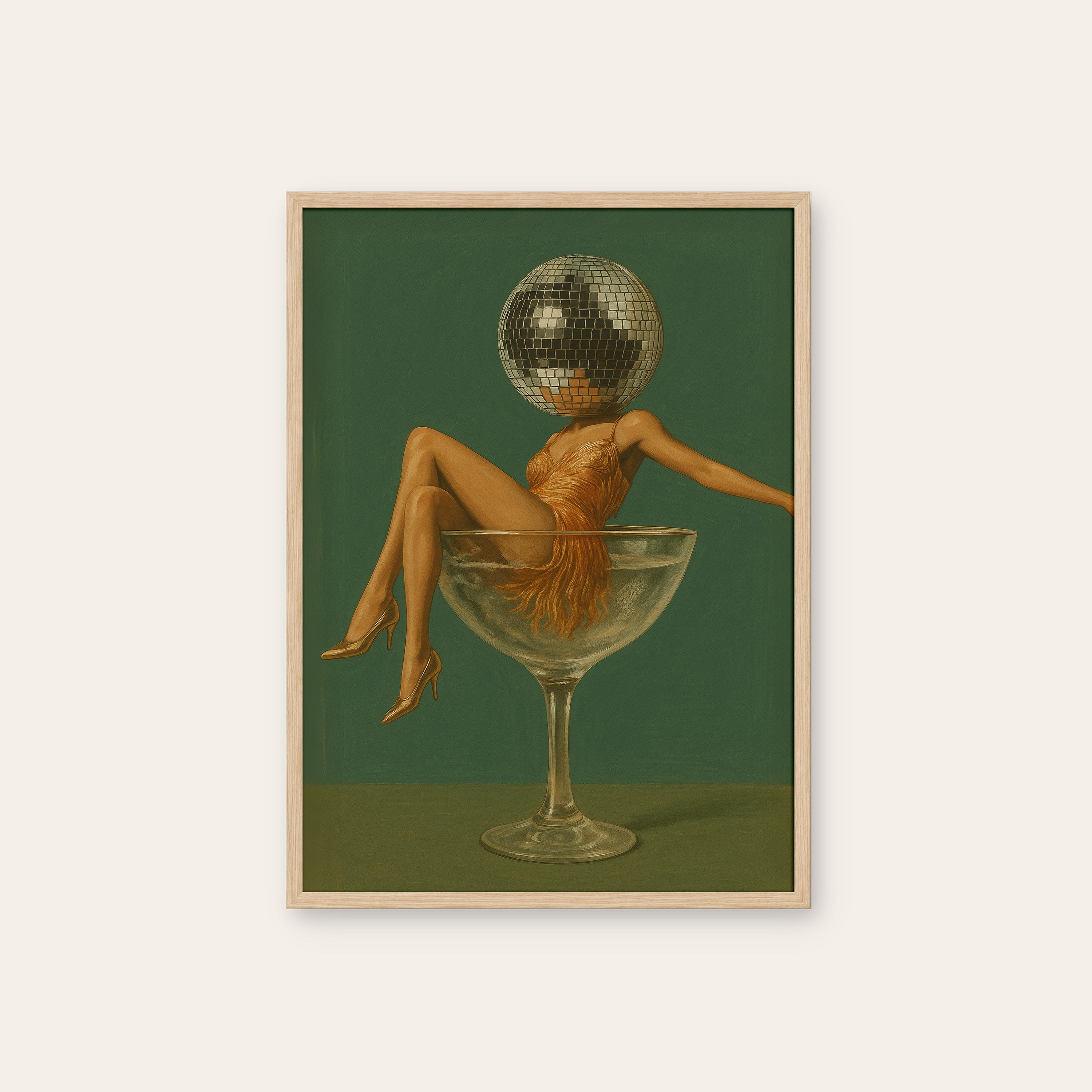 In the Glass — Disco Martini Print – natural wood frame