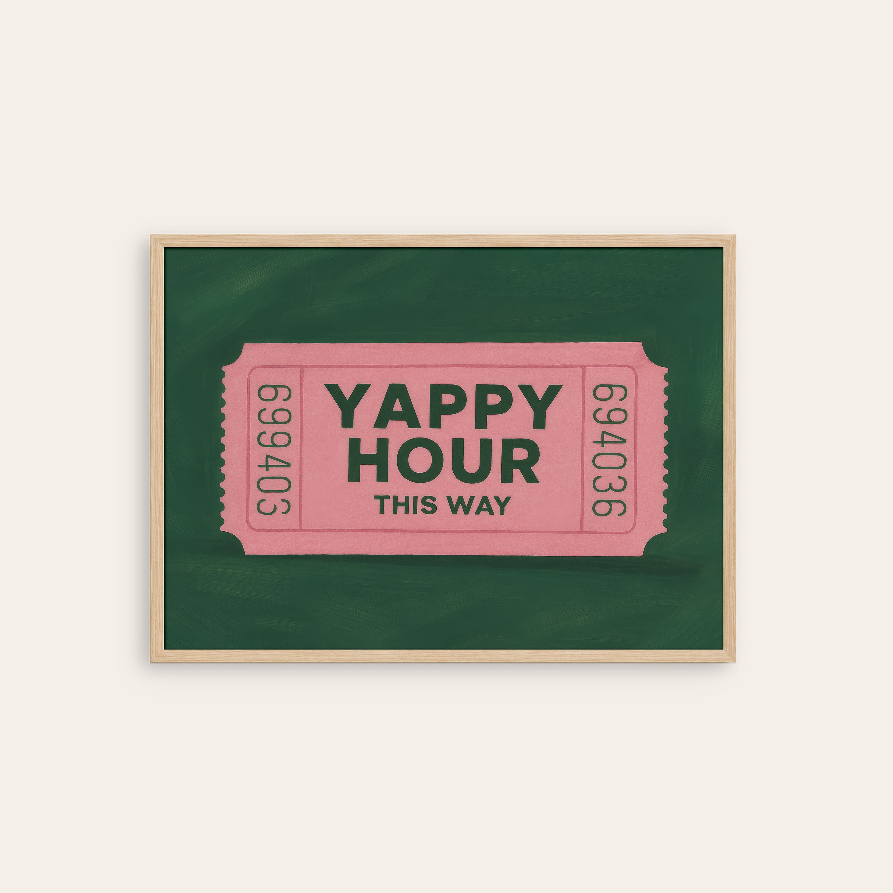 Yappy Hour — Retro Ticket Print – natural wood frame