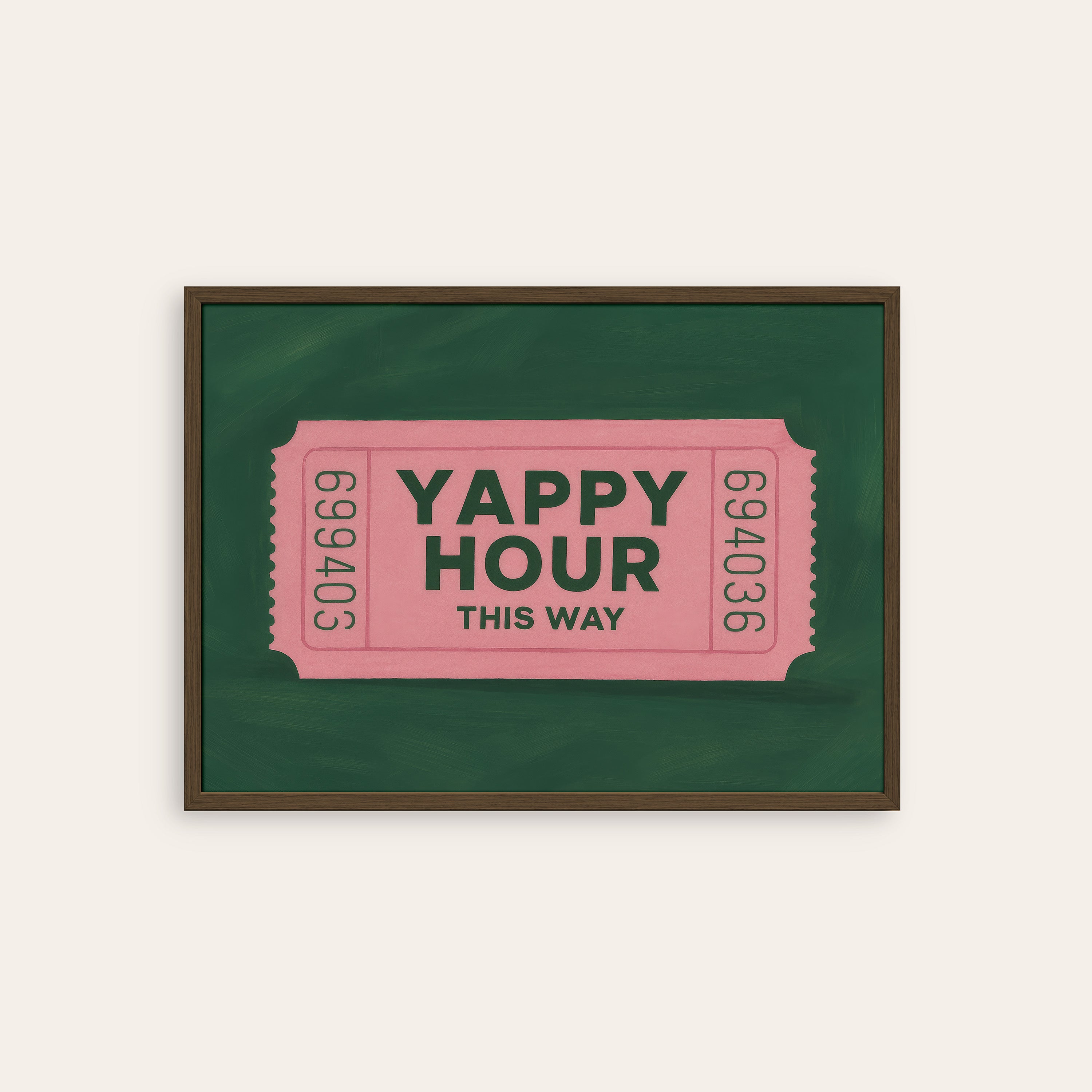Yappy Hour — Retro Ticket Print – dark wood frame
