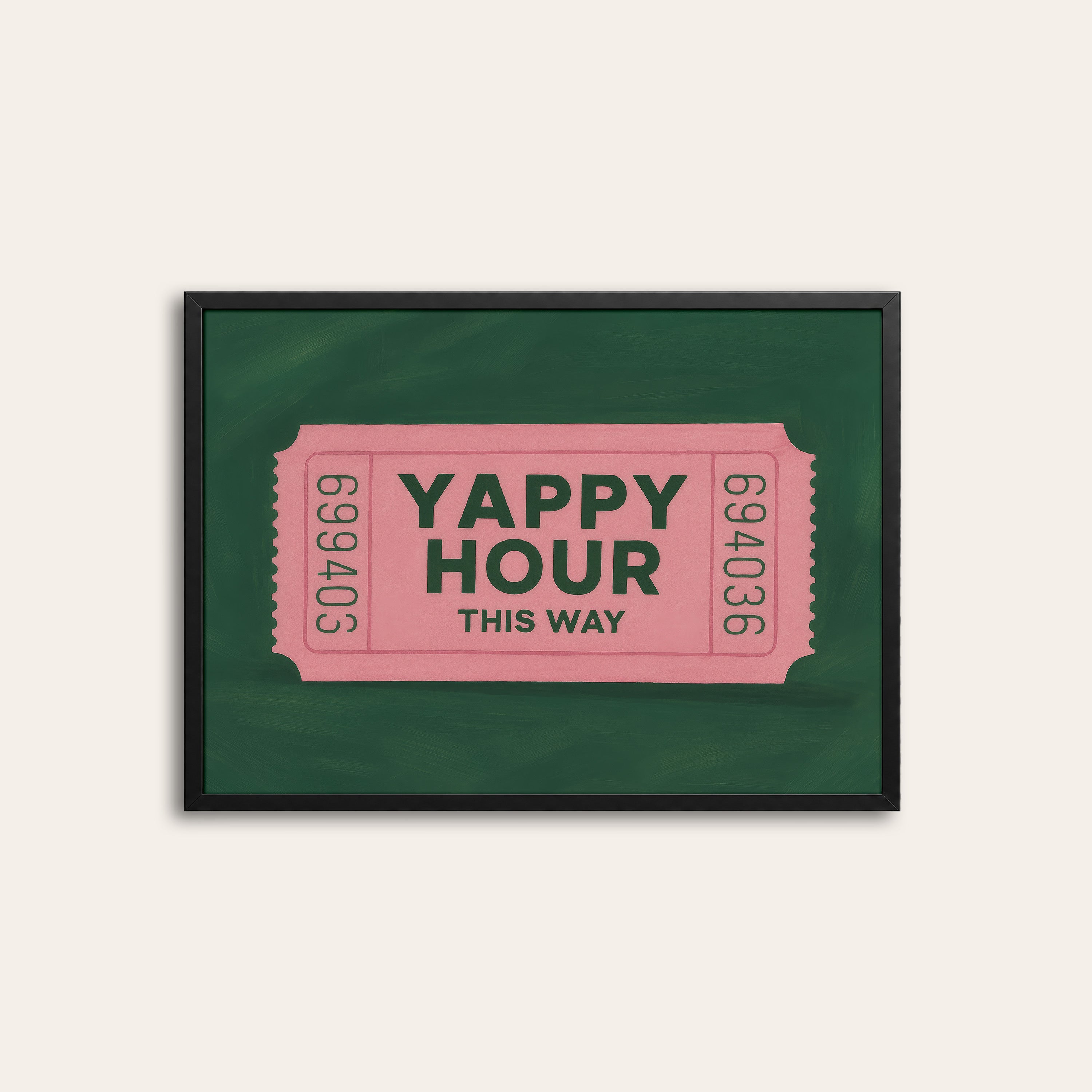 Yappy Hour — Retro Ticket Print – black frame