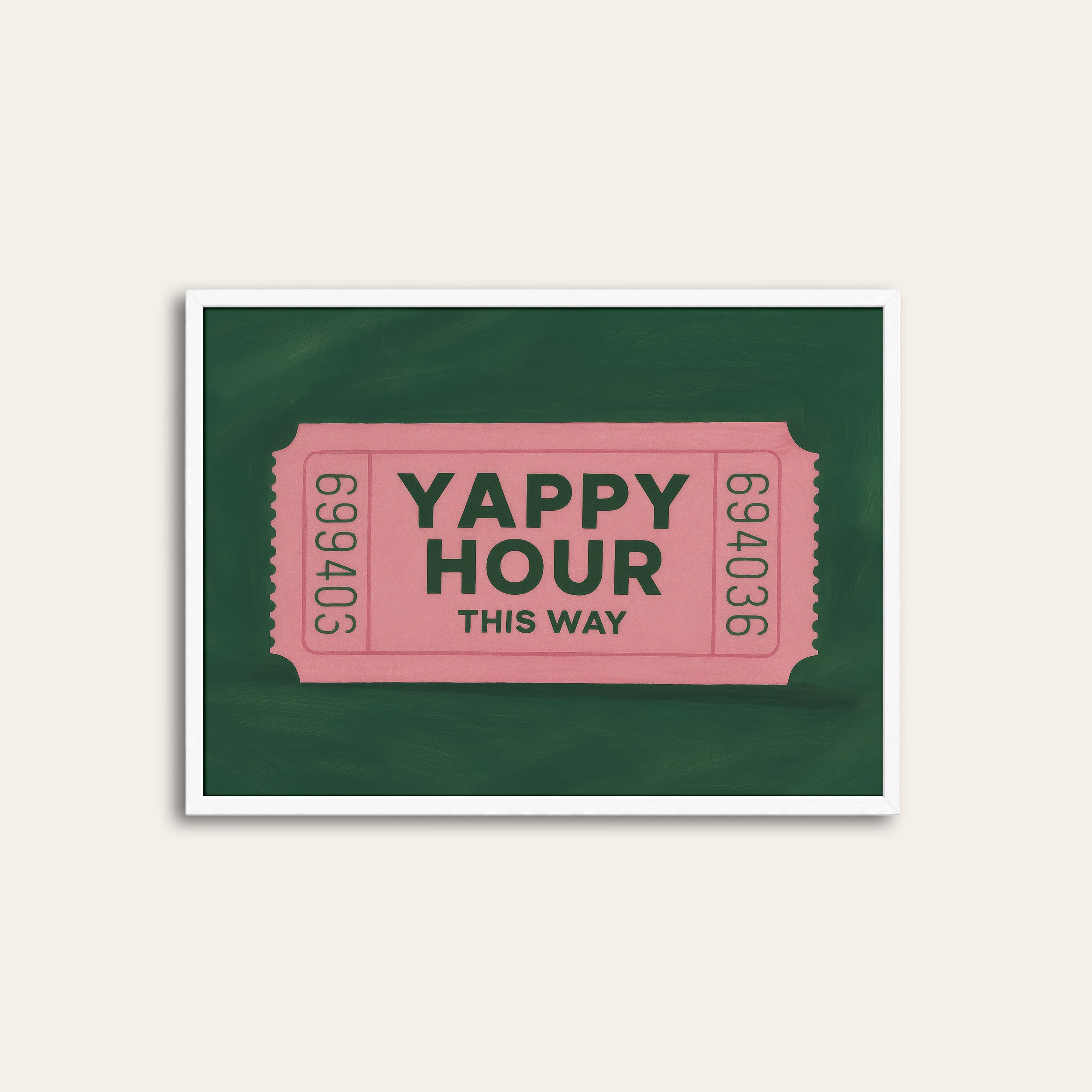Yappy Hour — Retro Ticket Print – white frame