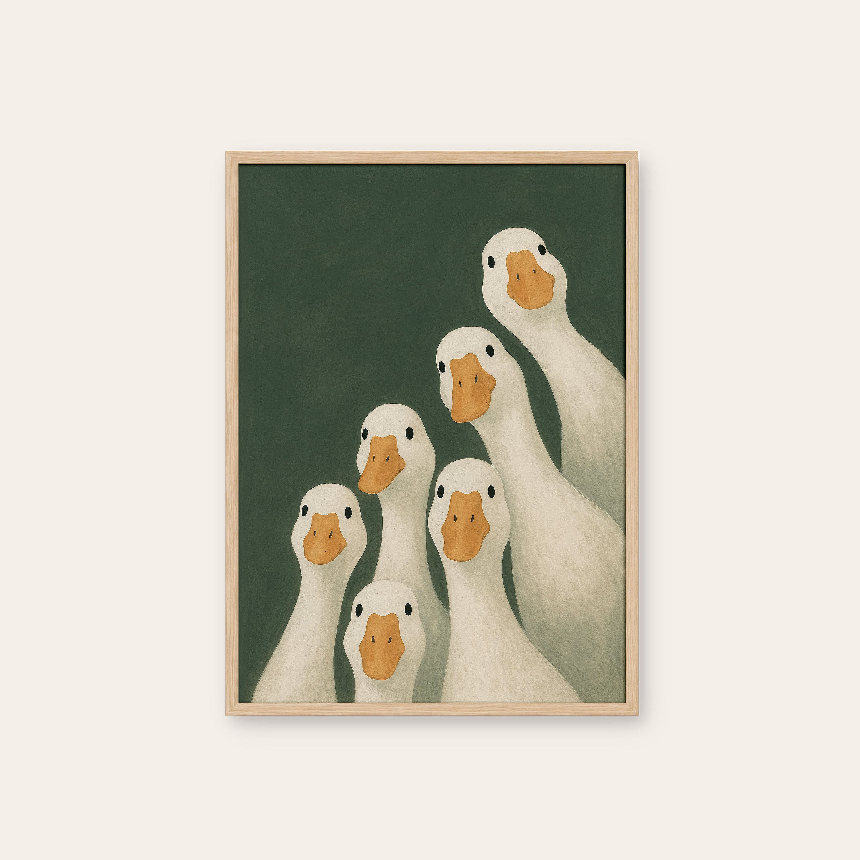 The Flock — Goose Family Print – natural wood frame