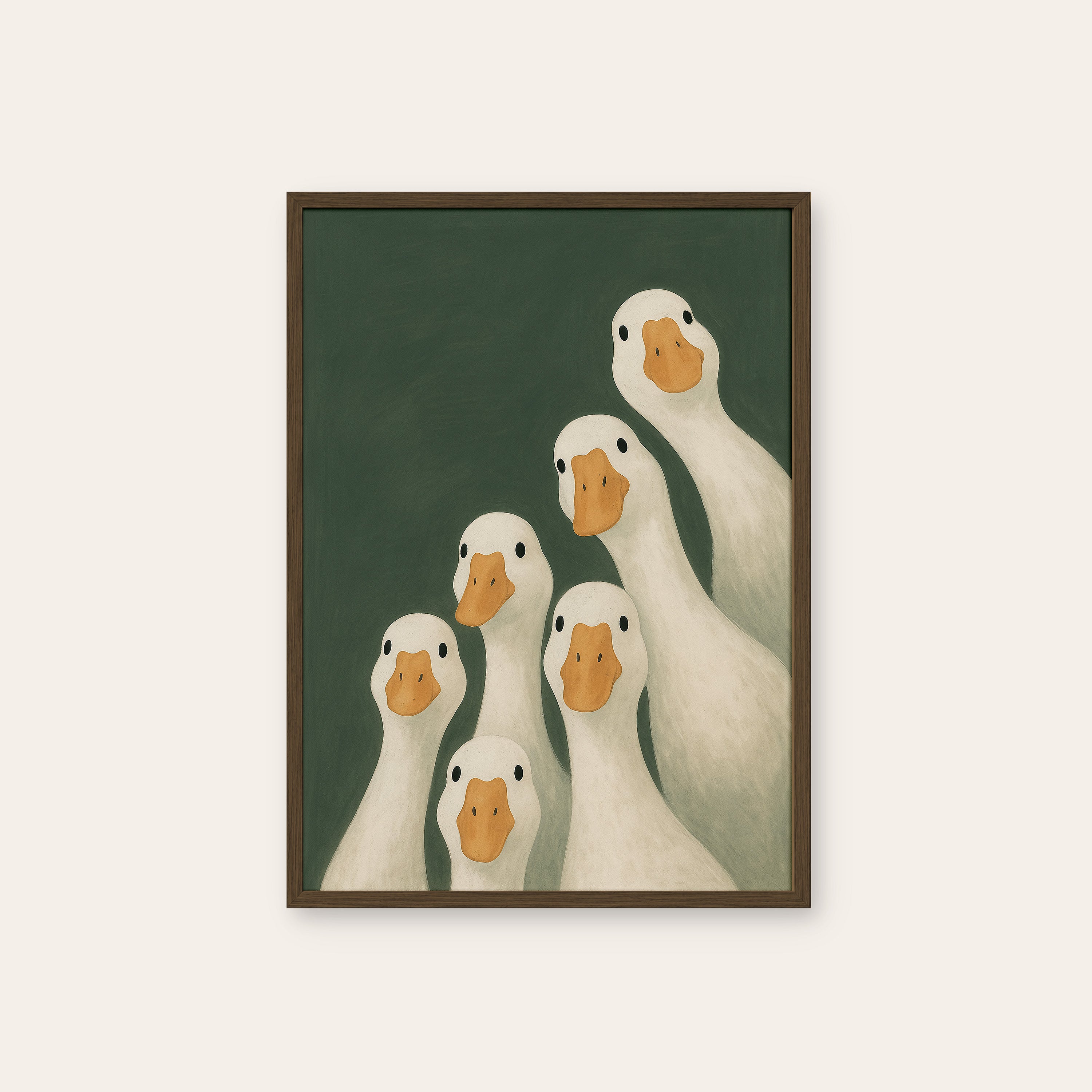 The Flock — Goose Family Print – dark wood frame