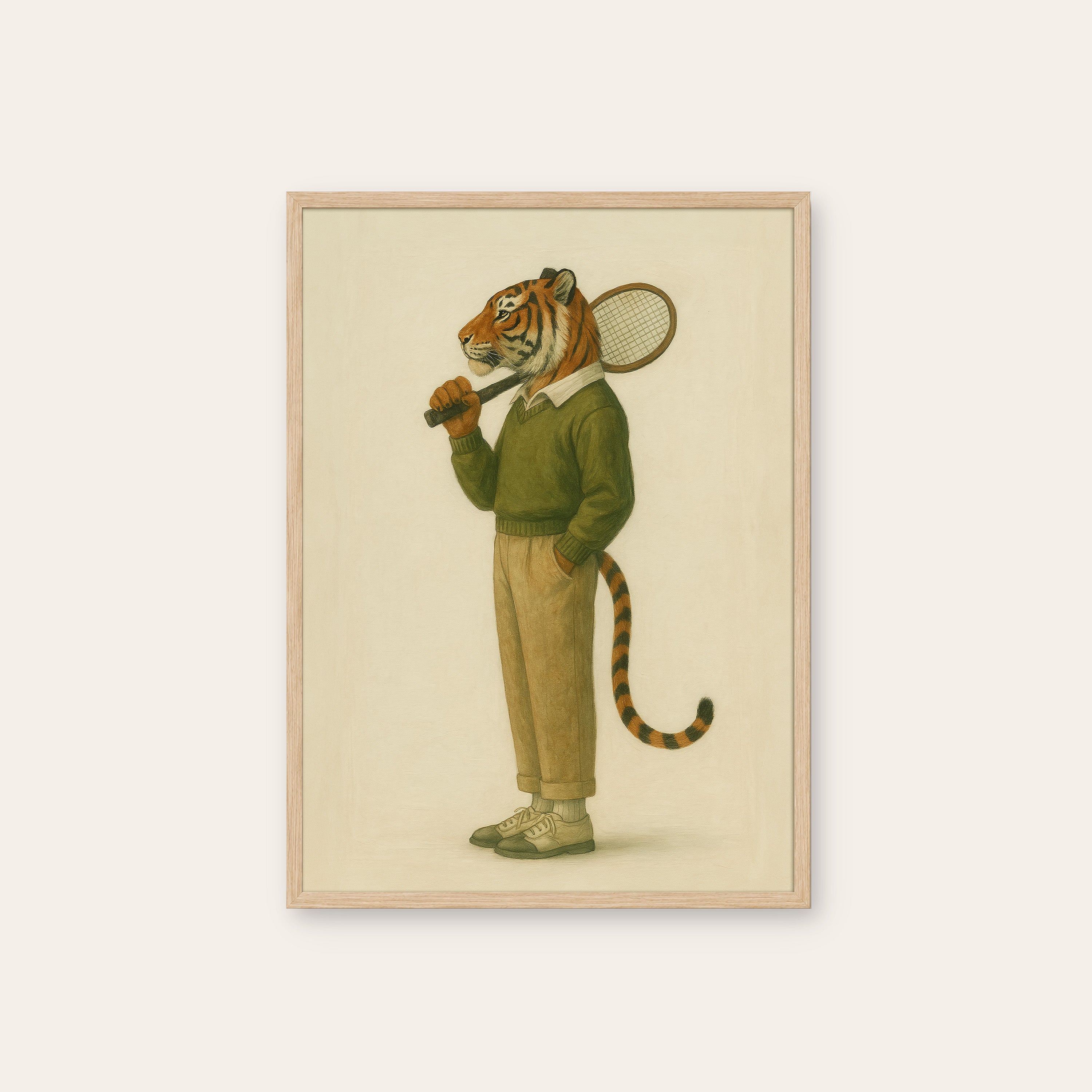 Club Champion — Tennis Tiger Print – natural wood frame