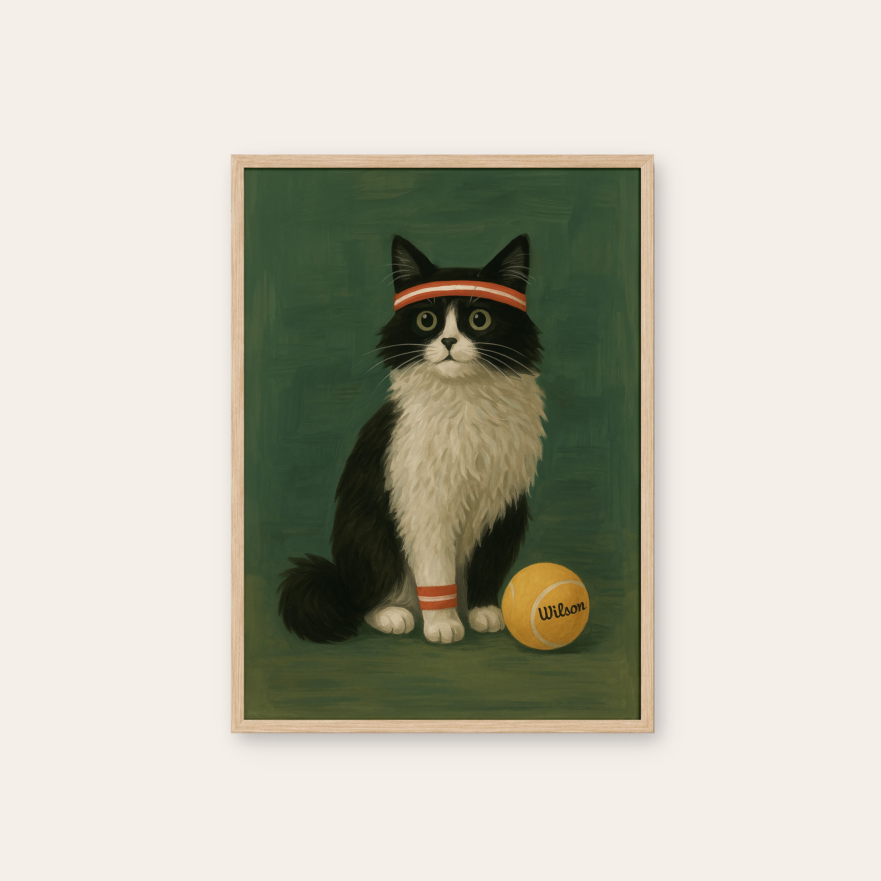 Match Point — Tennis Cat Print – natural wood frame