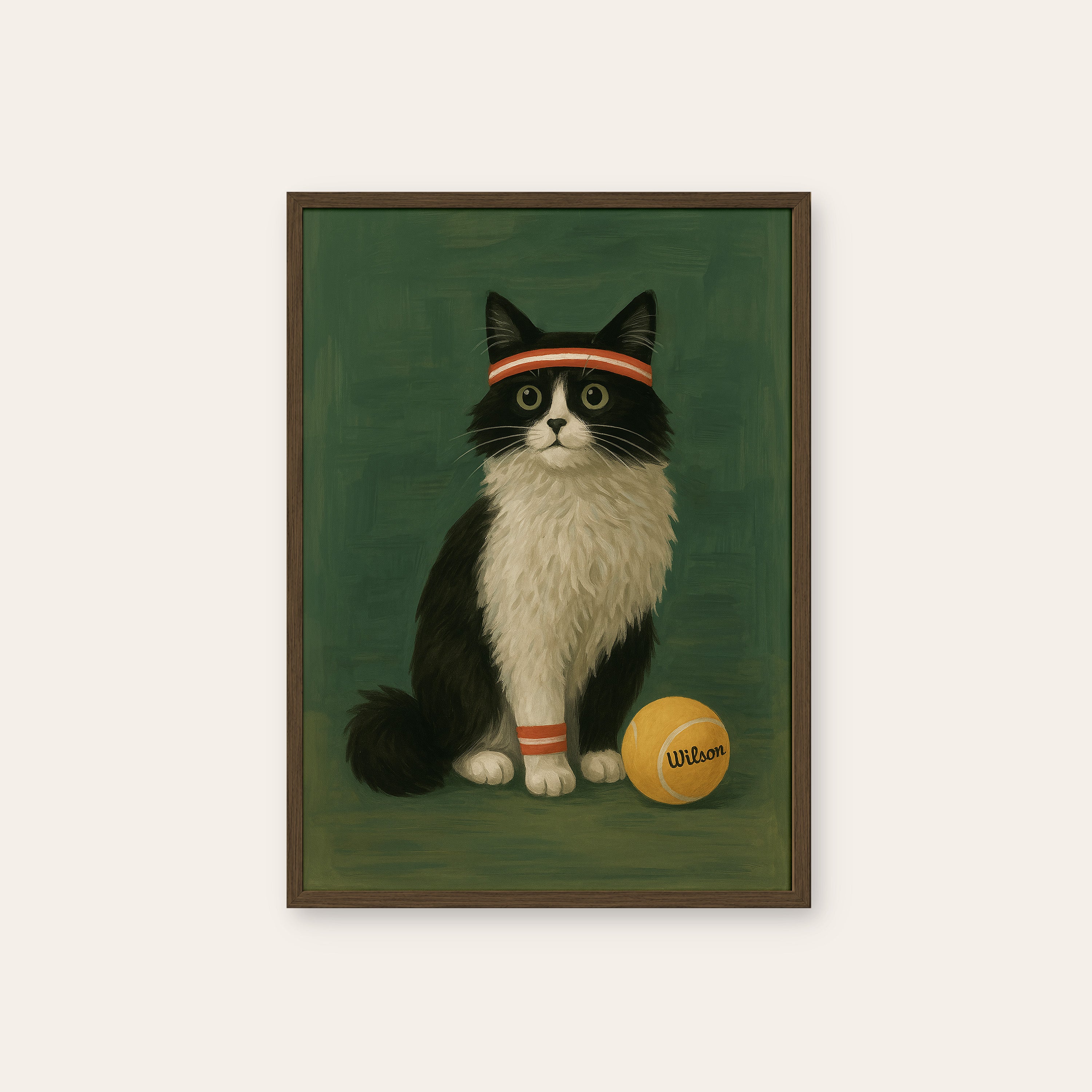 Match Point — Tennis Cat Print – dark wood frame