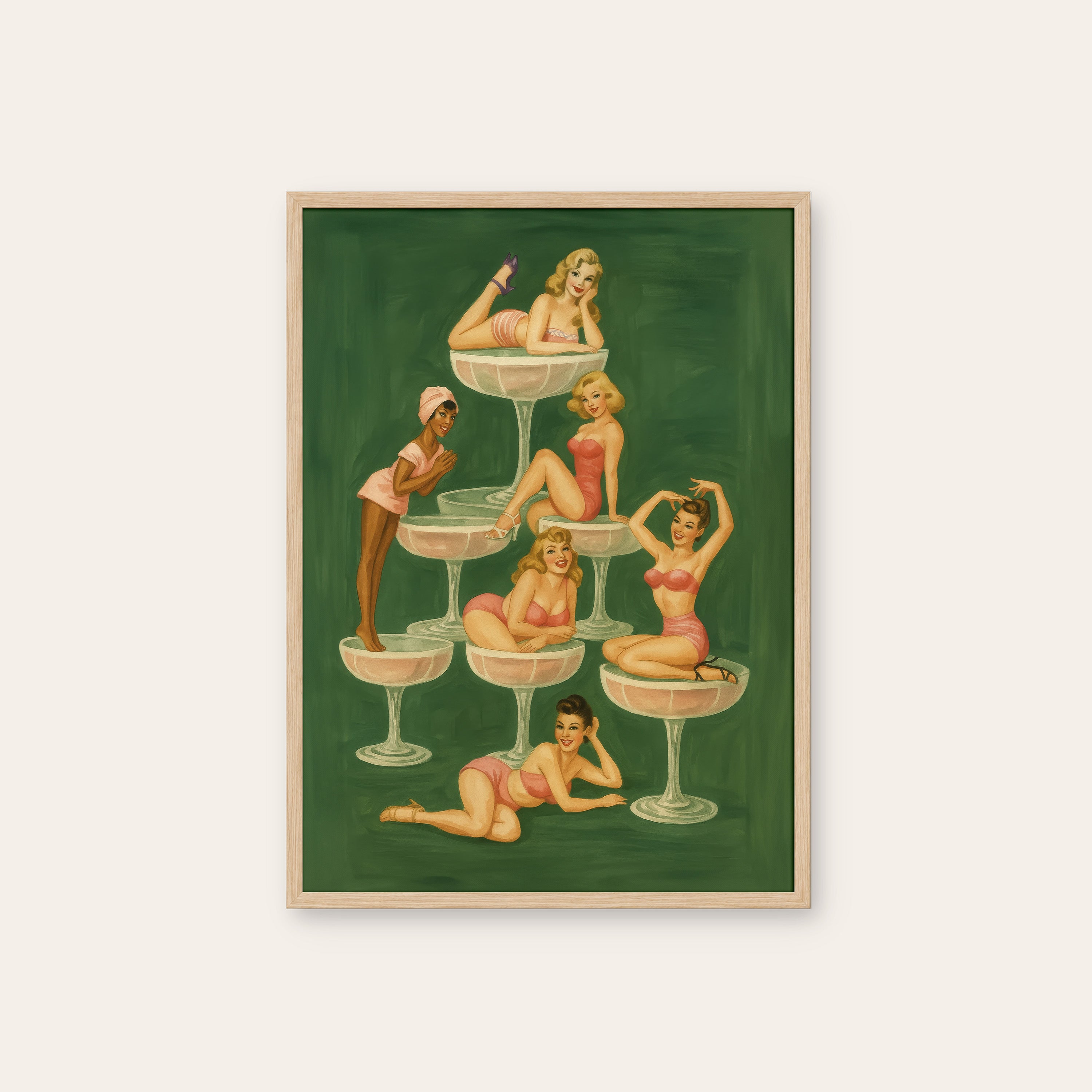 Champagne Coupe Club — Pin-Up Print – natural wood frame