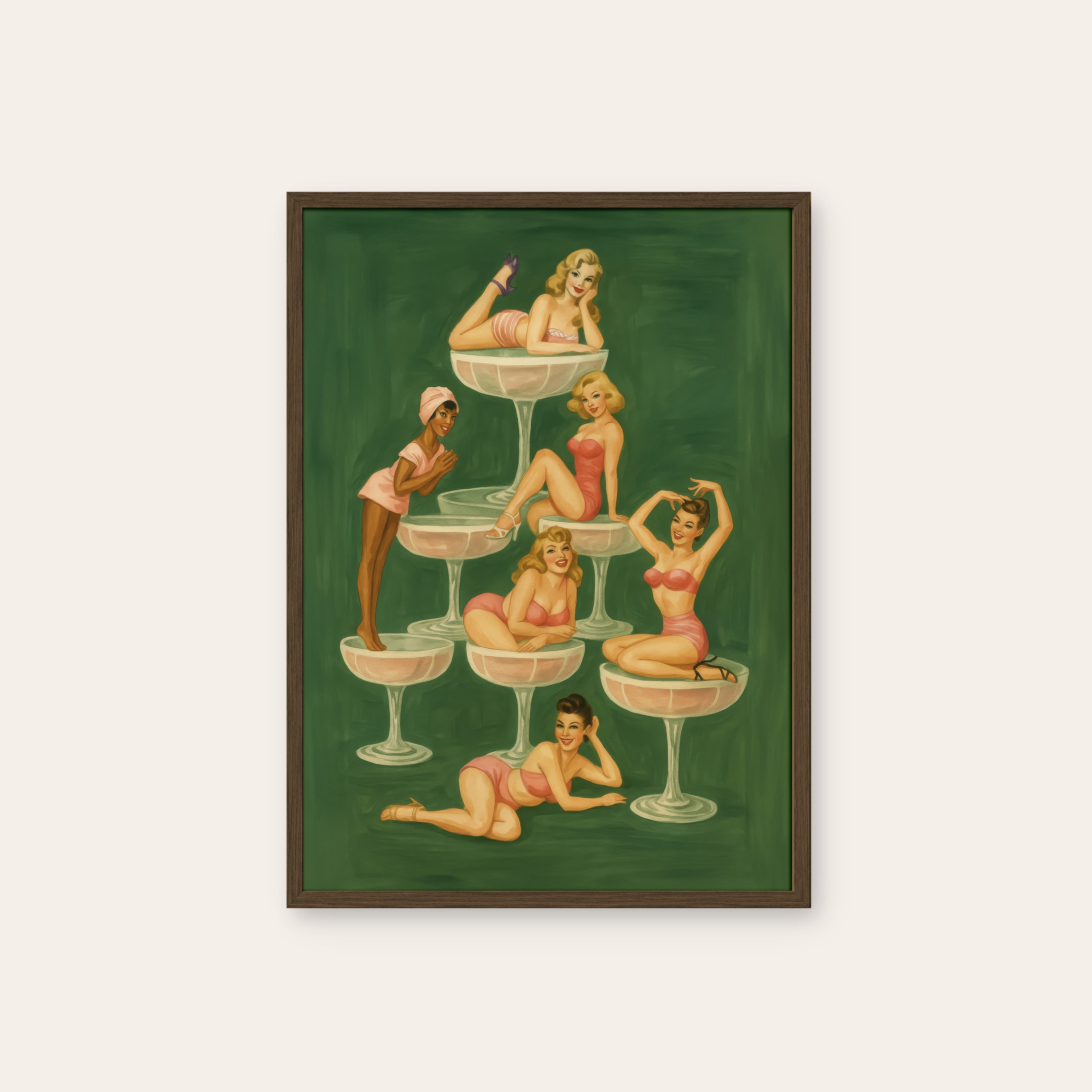 Champagne Coupe Club — Pin-Up Print – dark wood frame