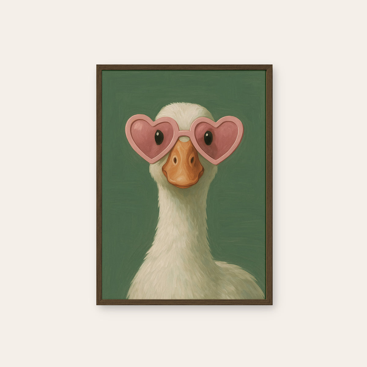 Heart Eyes - Goose Portrait Print - dark wood frame