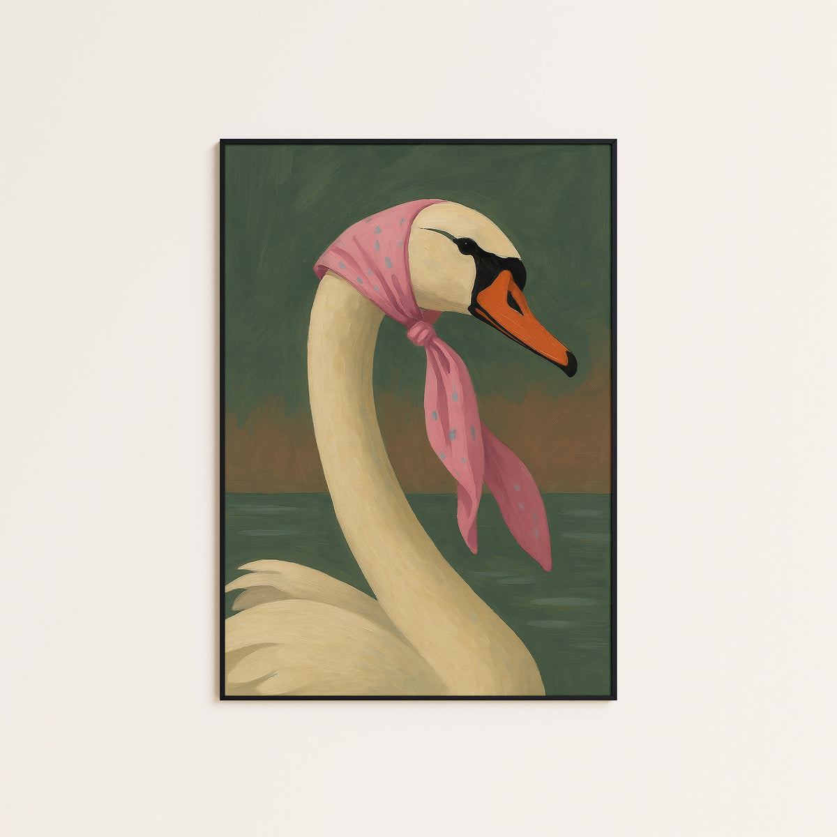Swan on Holiday - Pink Headscarf Print - framed artwork overview
