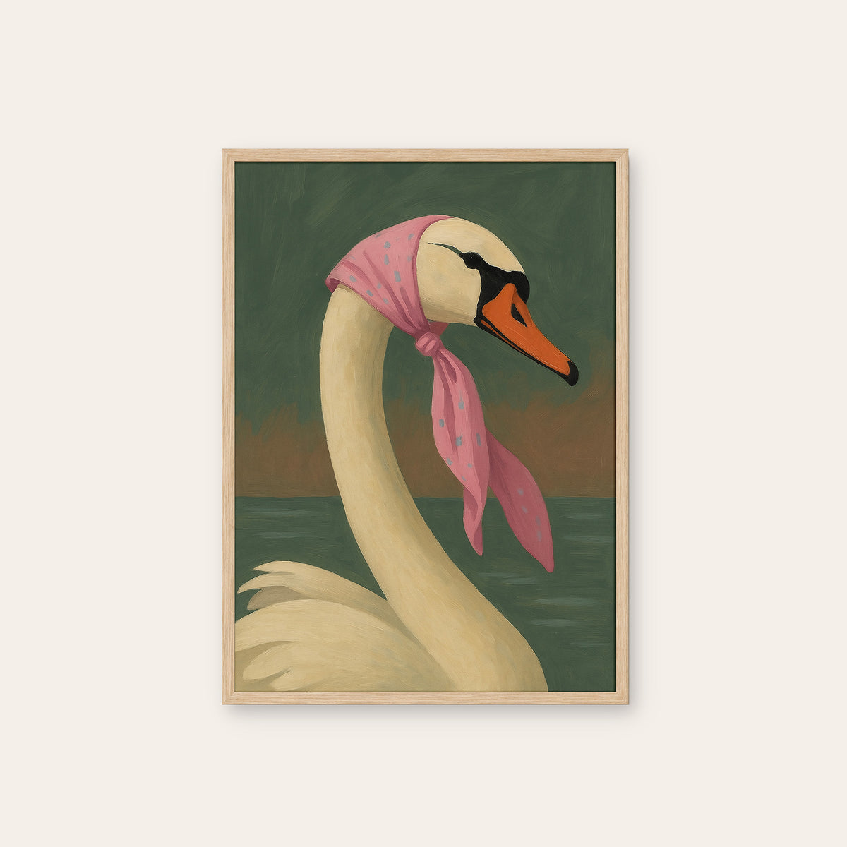 Swan on Holiday - Pink Headscarf Print - natural wood frame