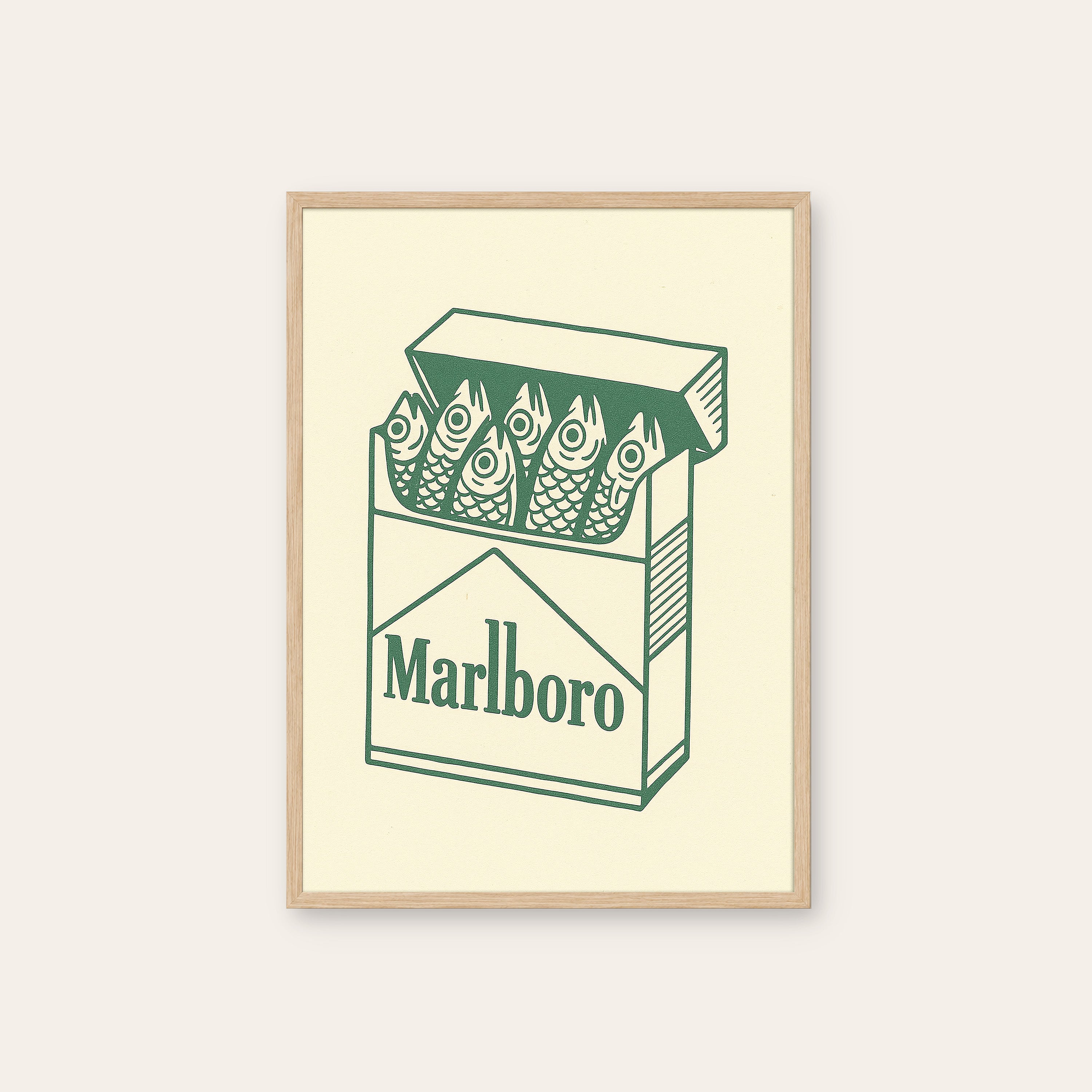 Pack of Sardines — Retro Parody Print – natural wood frame