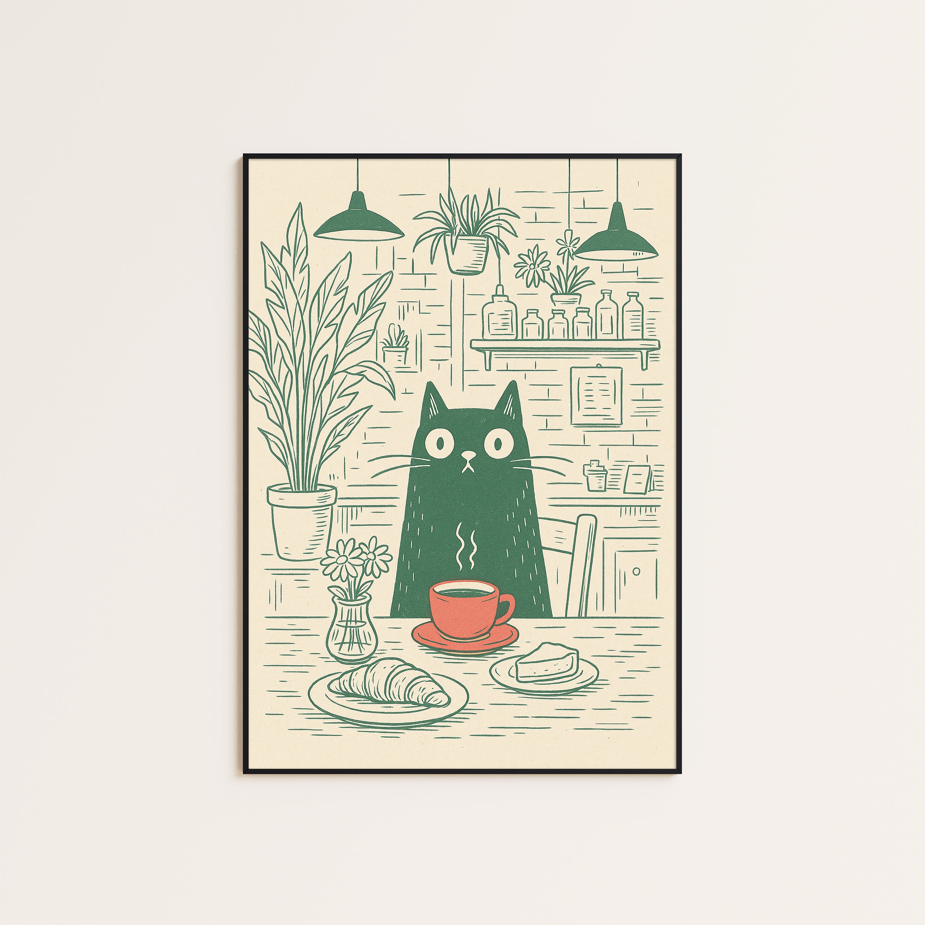Croissant Cat Café — Line Art Print – unframed poster