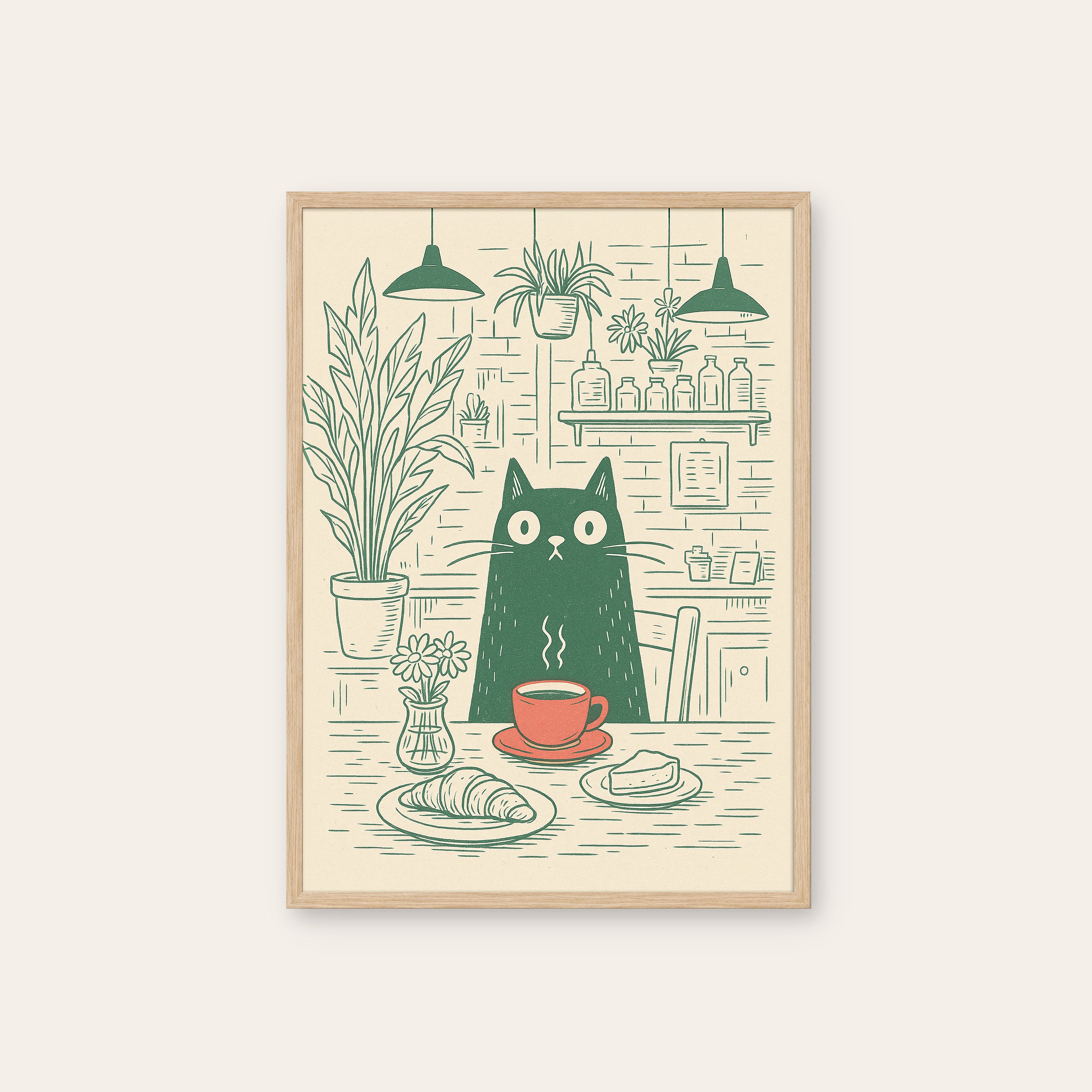 Croissant Cat Café — Line Art Print – natural wood frame