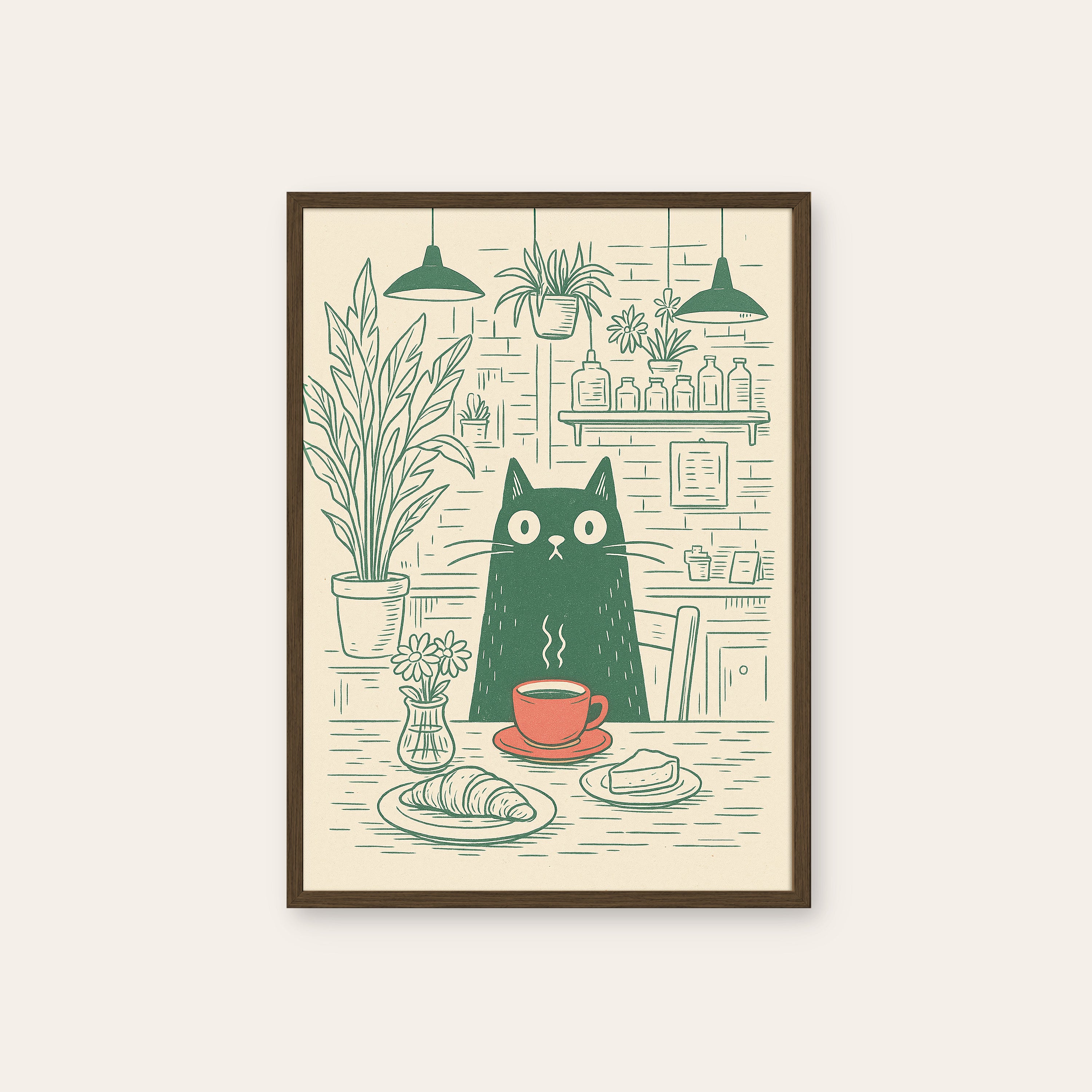 Croissant Cat Café — Line Art Print – dark wood frame