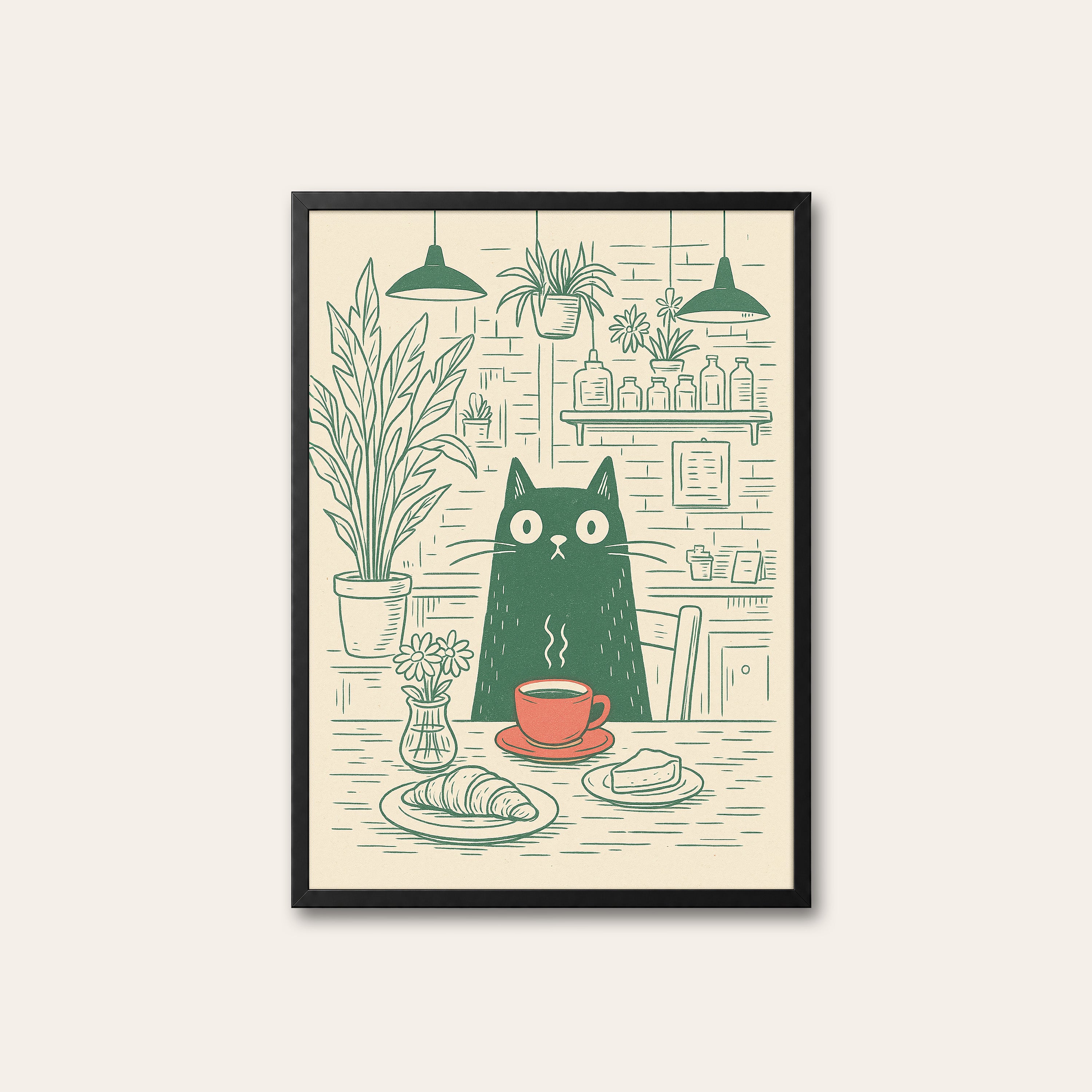 Croissant Cat Café — Line Art Print – black frame