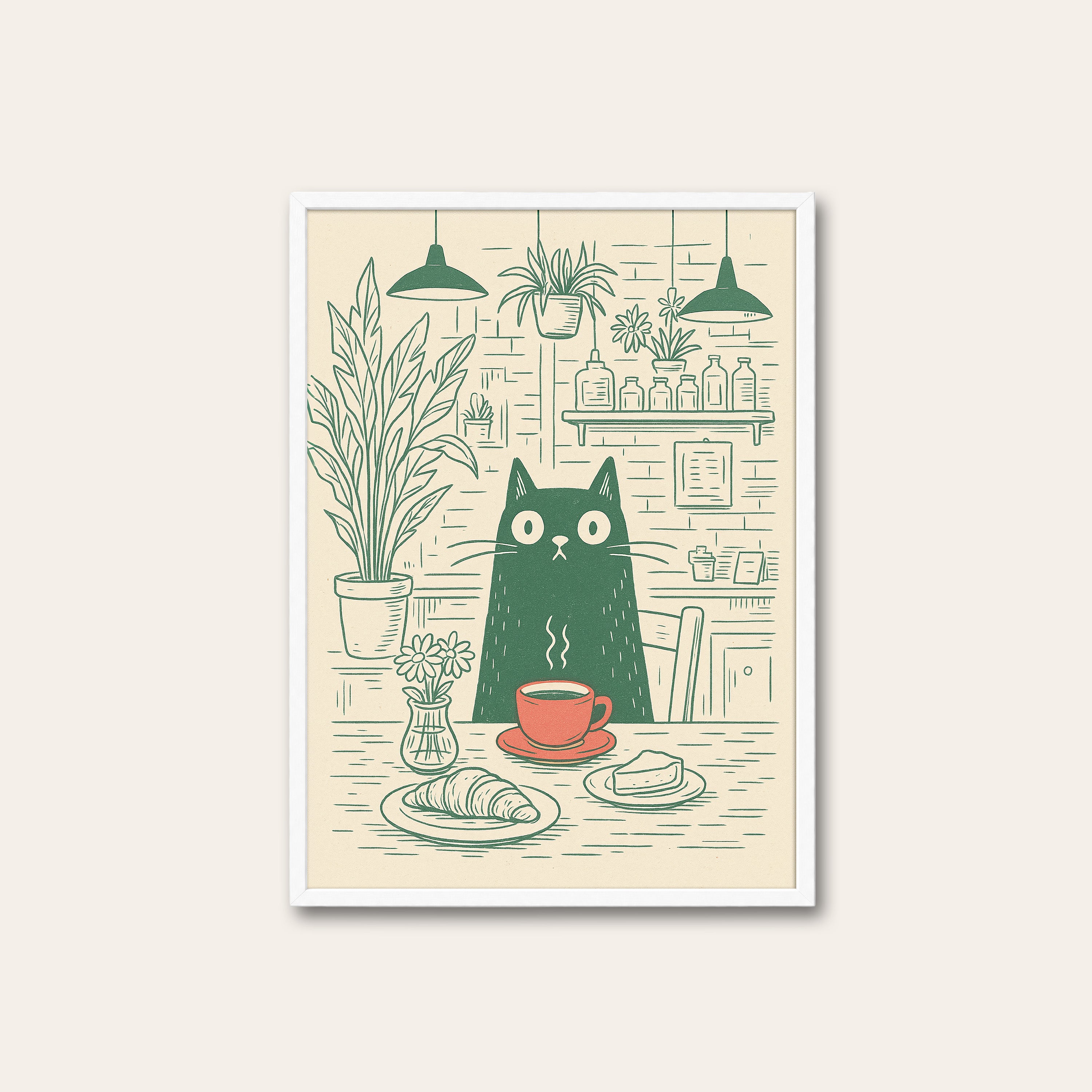 Croissant Cat Café — Line Art Print – white frame
