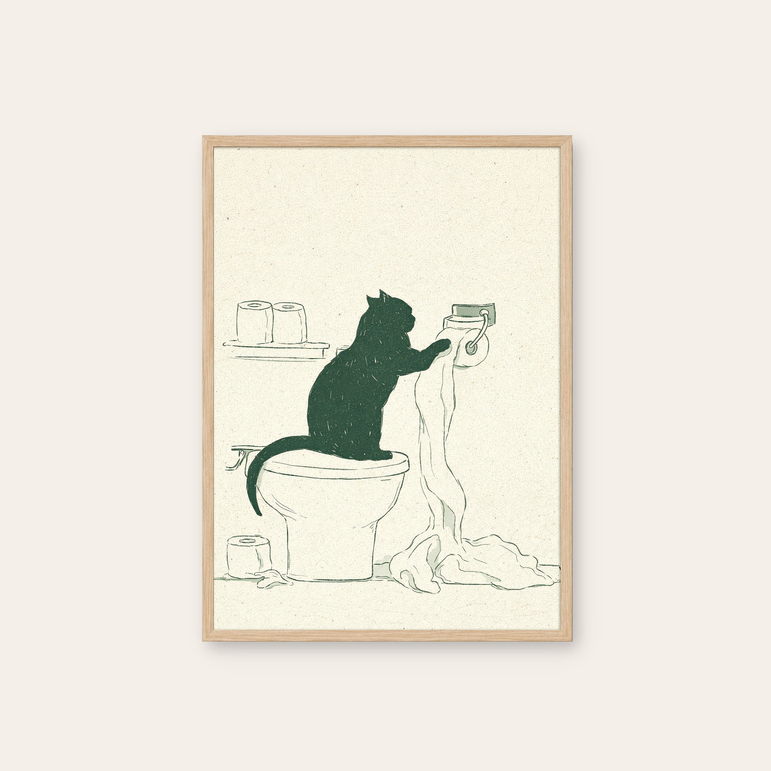 Caught Green-Pawed — Sketch Cat Print – natural wood frame
