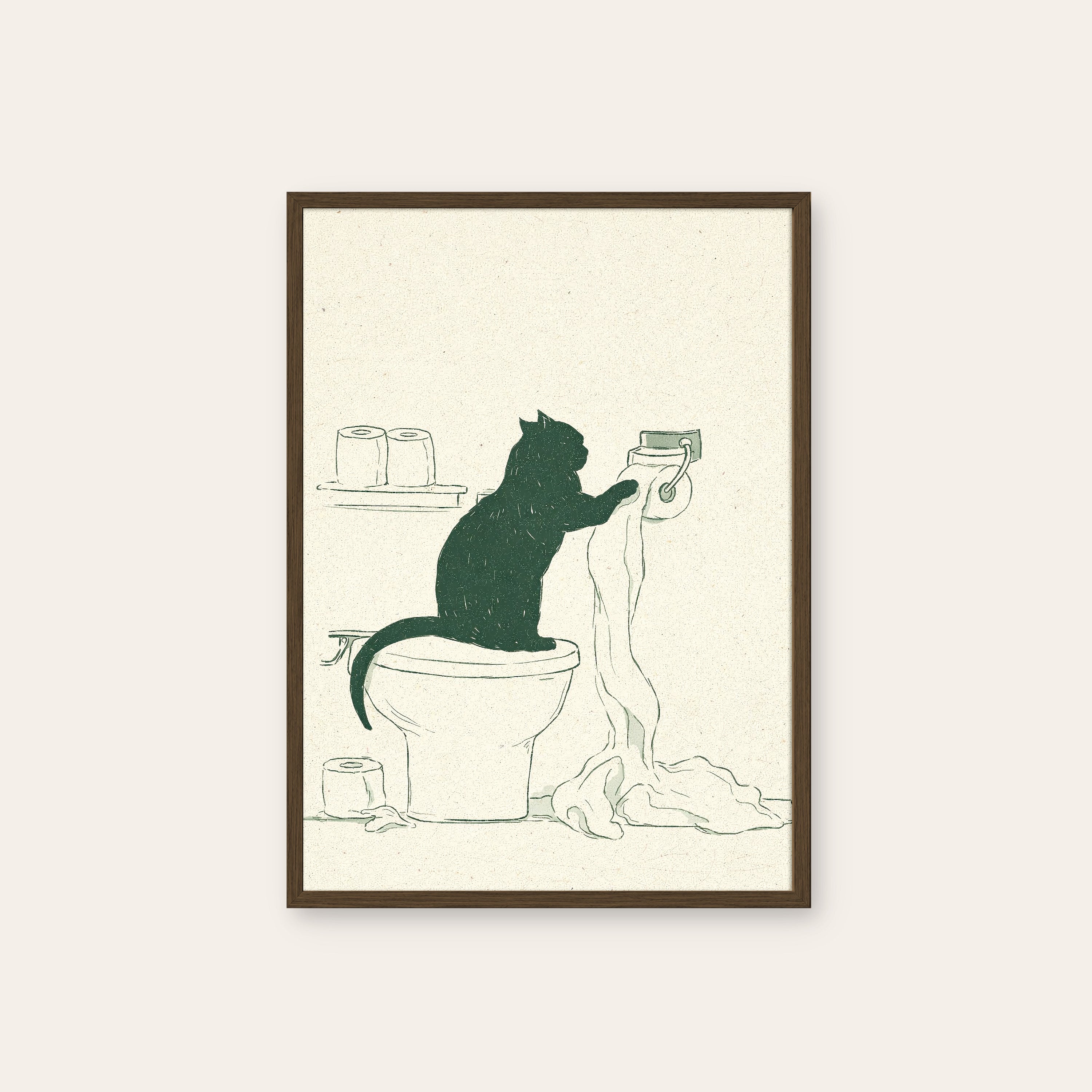 Caught Green-Pawed — Sketch Cat Print – dark wood frame