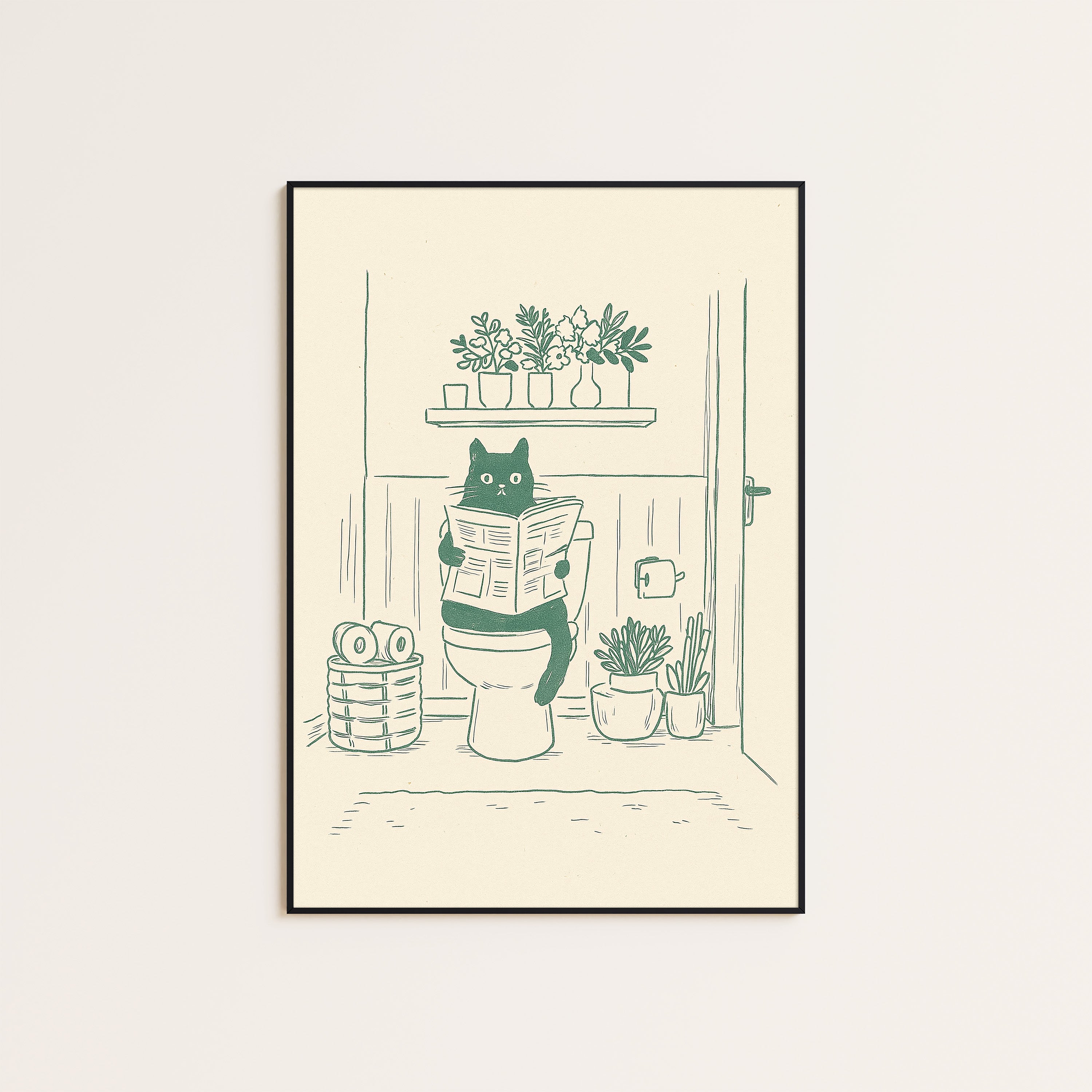 Morning Reading — Toilet Cat Print – unframed poster